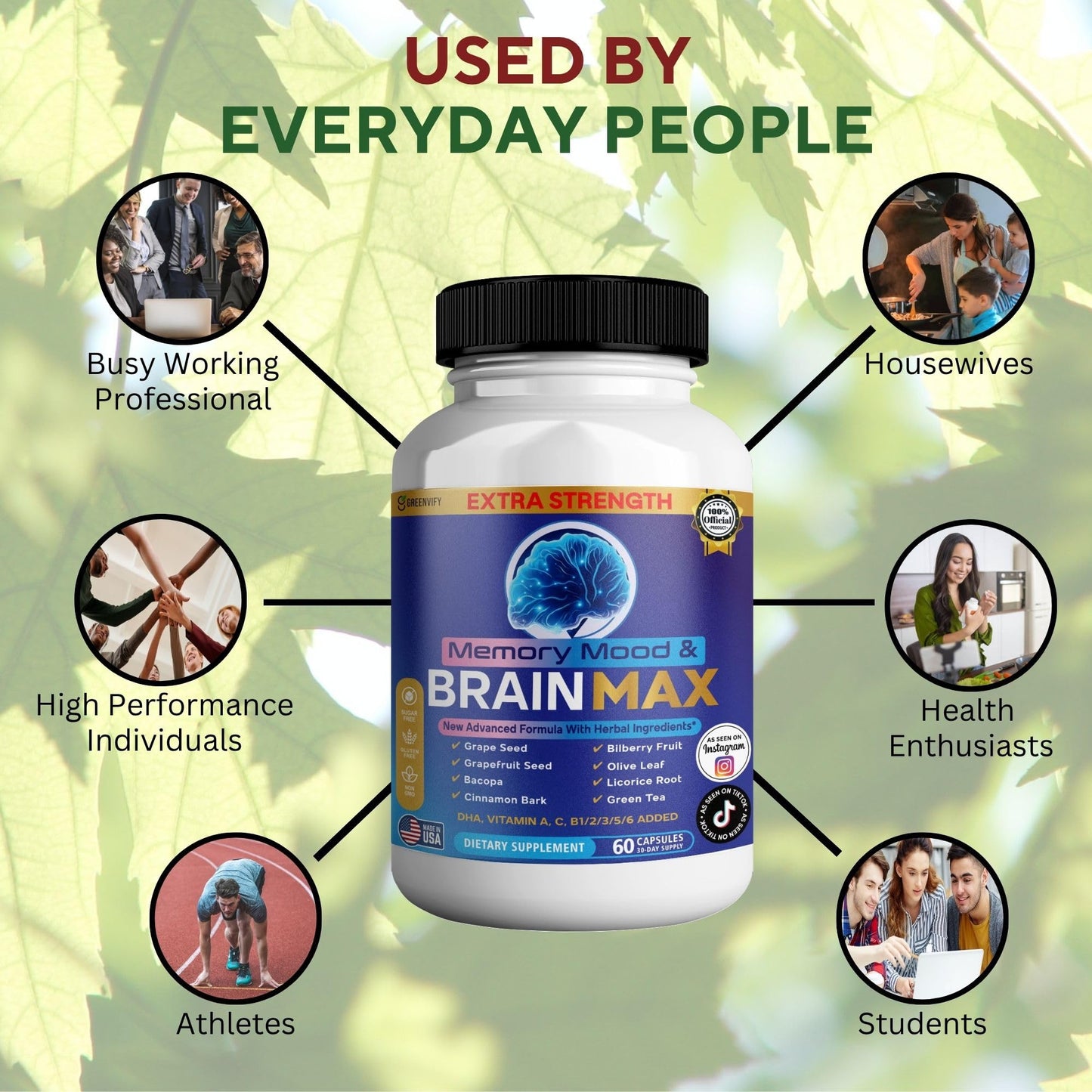 GREENVIFY Memory, Mood & Brain Max Extra Strength Supplement with Herbal Ingredients, 60 Capsules