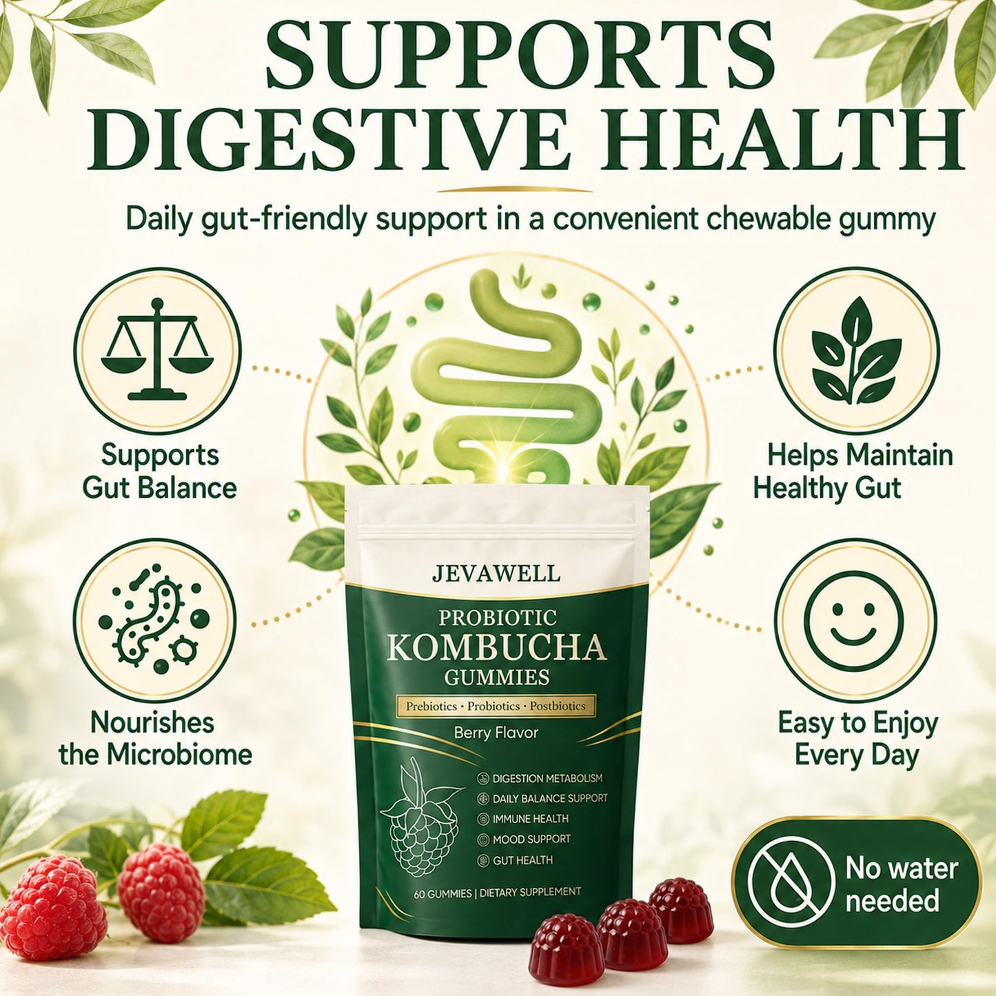 YANJIAYI Jevawell Kombucha Gummies, 60 Gummies