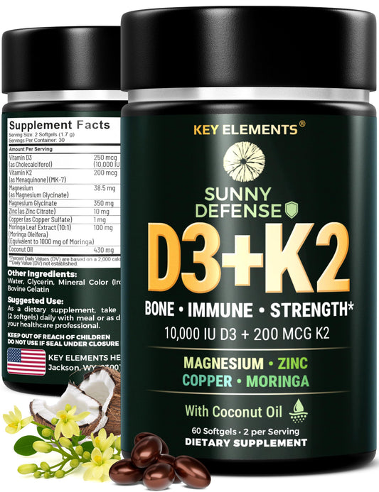 KEY ELEMENTS D3 K2 Vitamin 10,000 IU with Magnesium Glycinate 350mg, Zinc and Moringa - Bone & Immune Support - Vitamin D with K2 MK-7 200mcg Softgels 60 Count