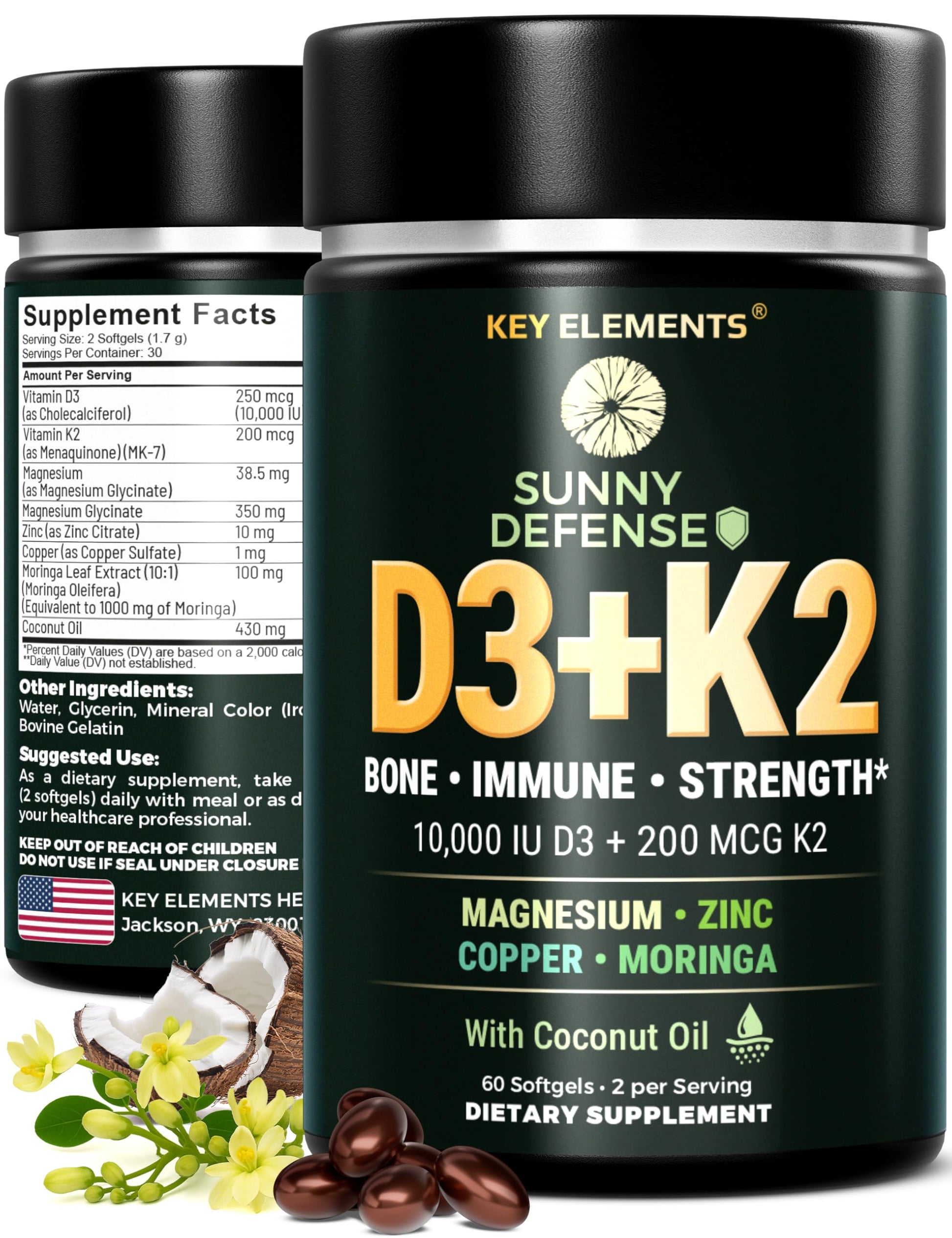 KEY ELEMENTS D3 K2 Vitamin 10,000 IU with Magnesium Glycinate 350mg, Zinc and Moringa - Bone & Immune Support - Vitamin D with K2 MK-7 200mcg Softgels 60 Count