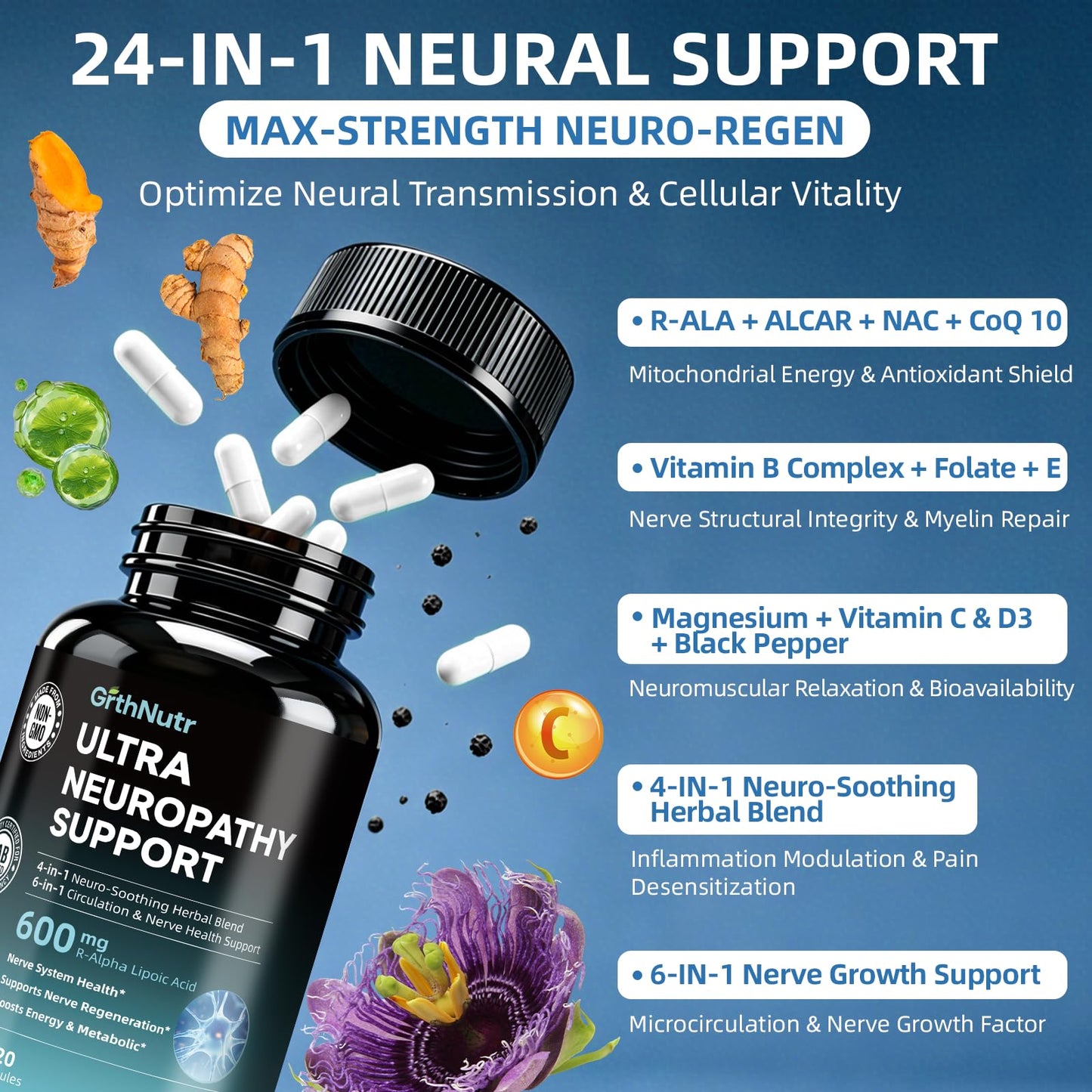GrthNutr Nerve Health Neuropathy Supplements 600mg R-Alpha Lipoic Acid NAC ALC Vitamin B12 B1 B2 B6 Magnesium Capsule 120 Count