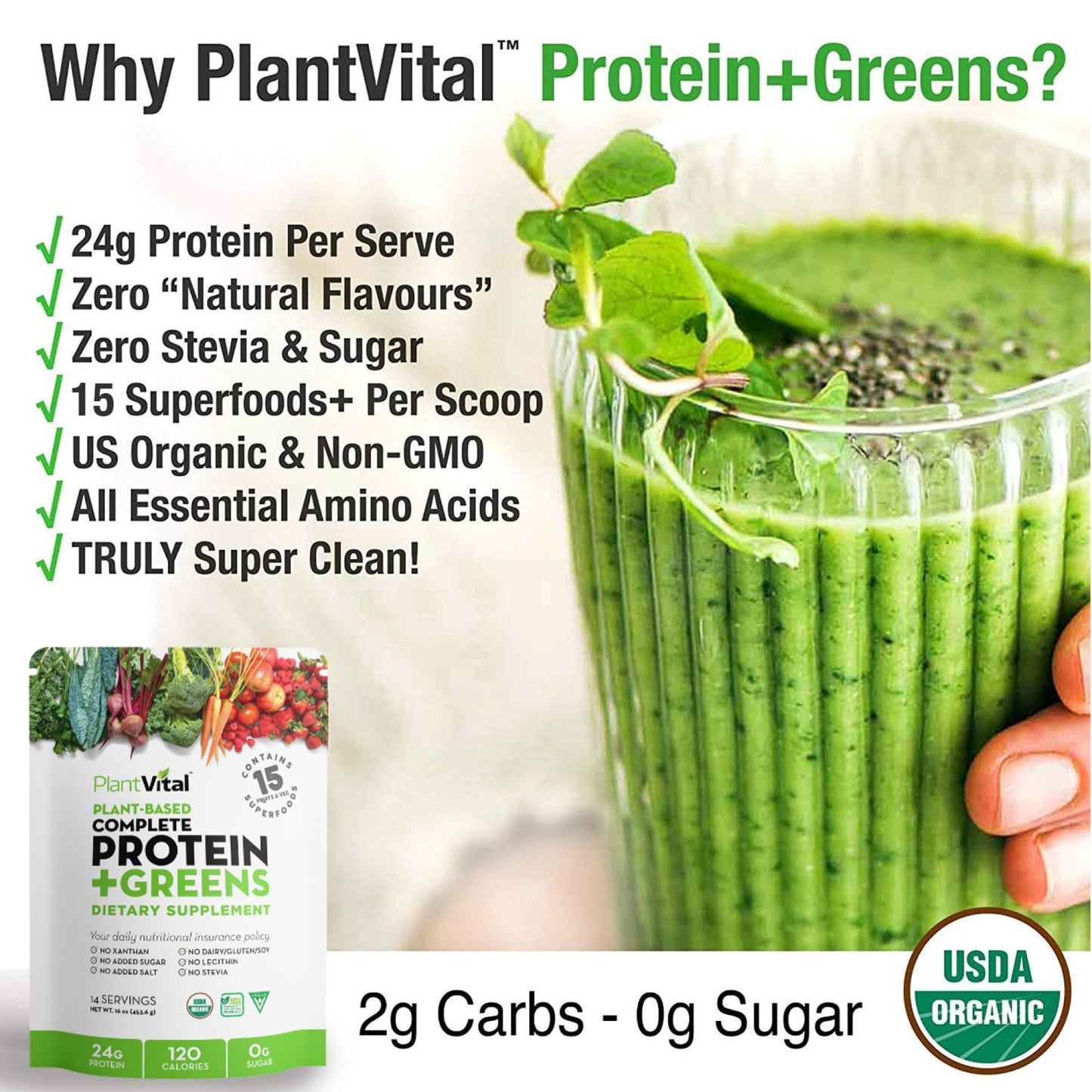 Plantvital Unflavored Organic Vegan Protein Powder 16 oz (Pack of 2)
