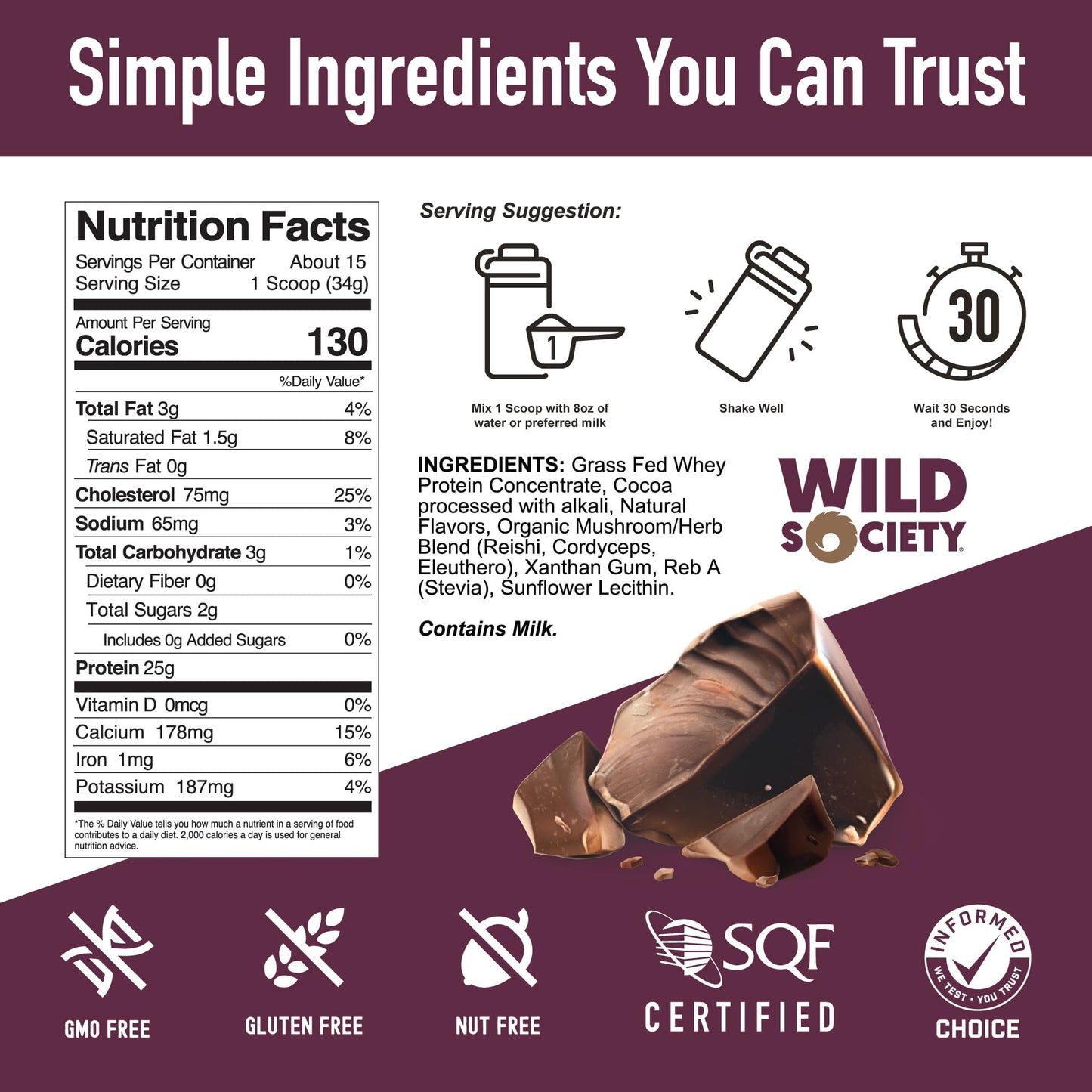 WILD SOCIETY Whey Protein Powder Dutch Chocolate, 17.9 oz