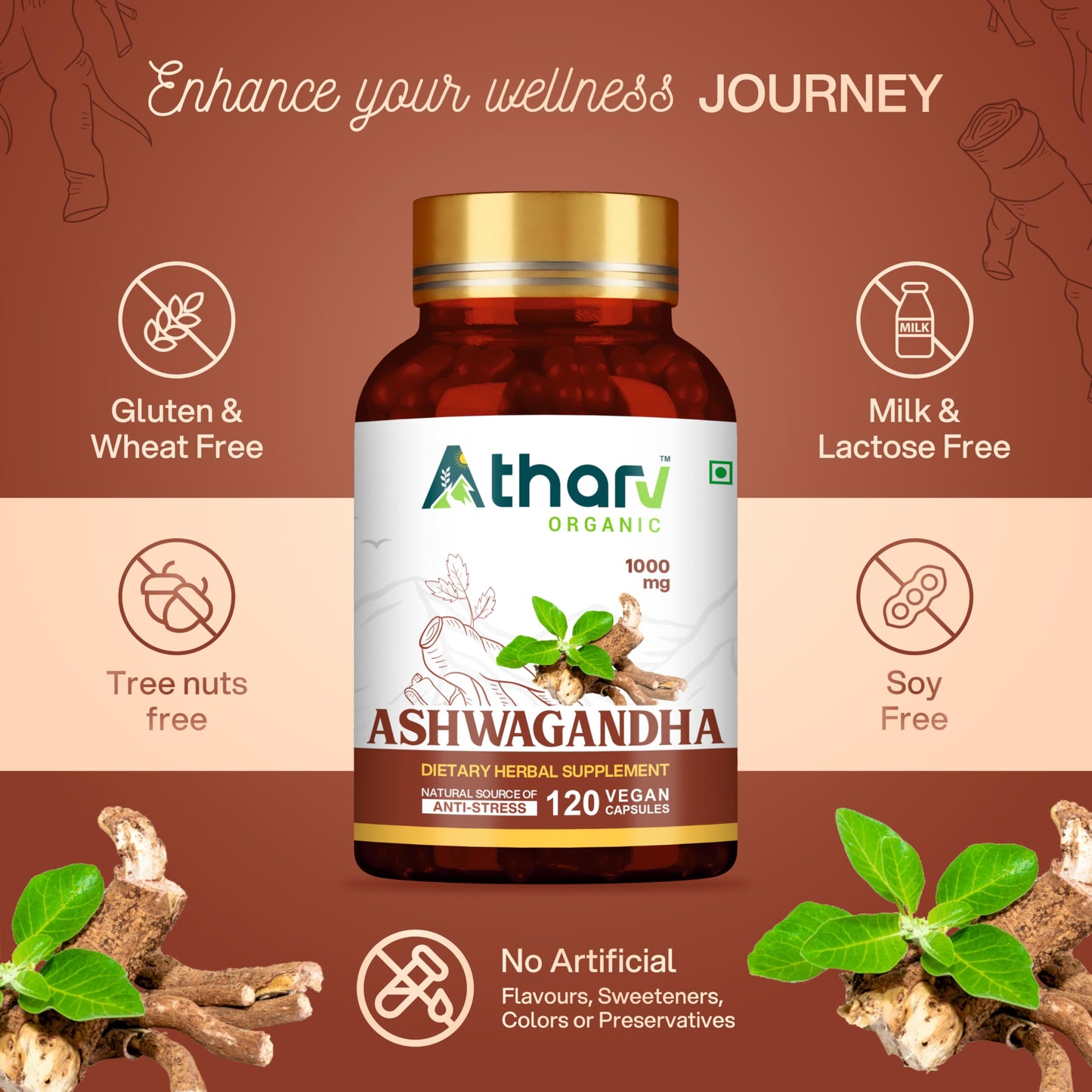 ATHARV ORGANIC Ashwagandha Supplement 1000 mg Veggie Capsules, 120 Capsules