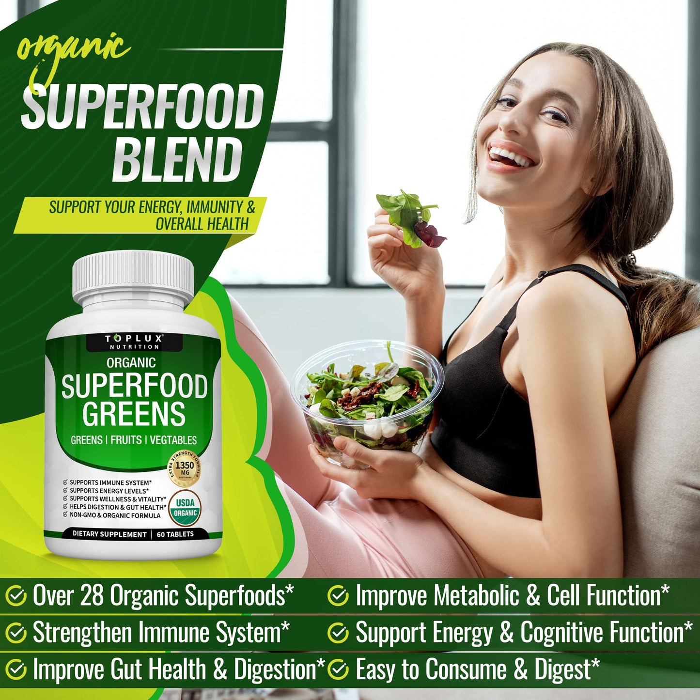 Toplux Organic Super Greens Tablet, 60 Tablets