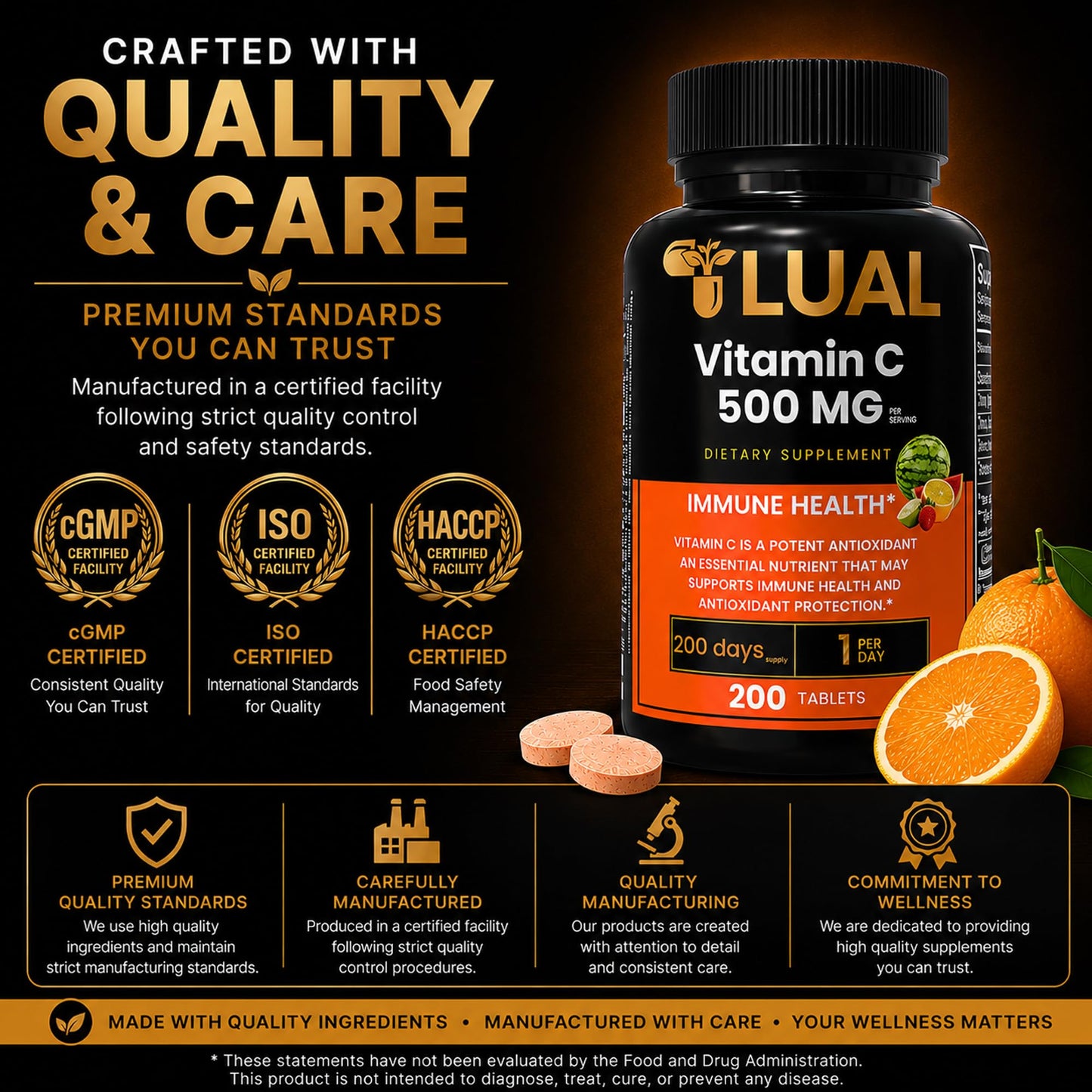 LUAL Vitamin C 500mg Chewable Tablets, 200 Count