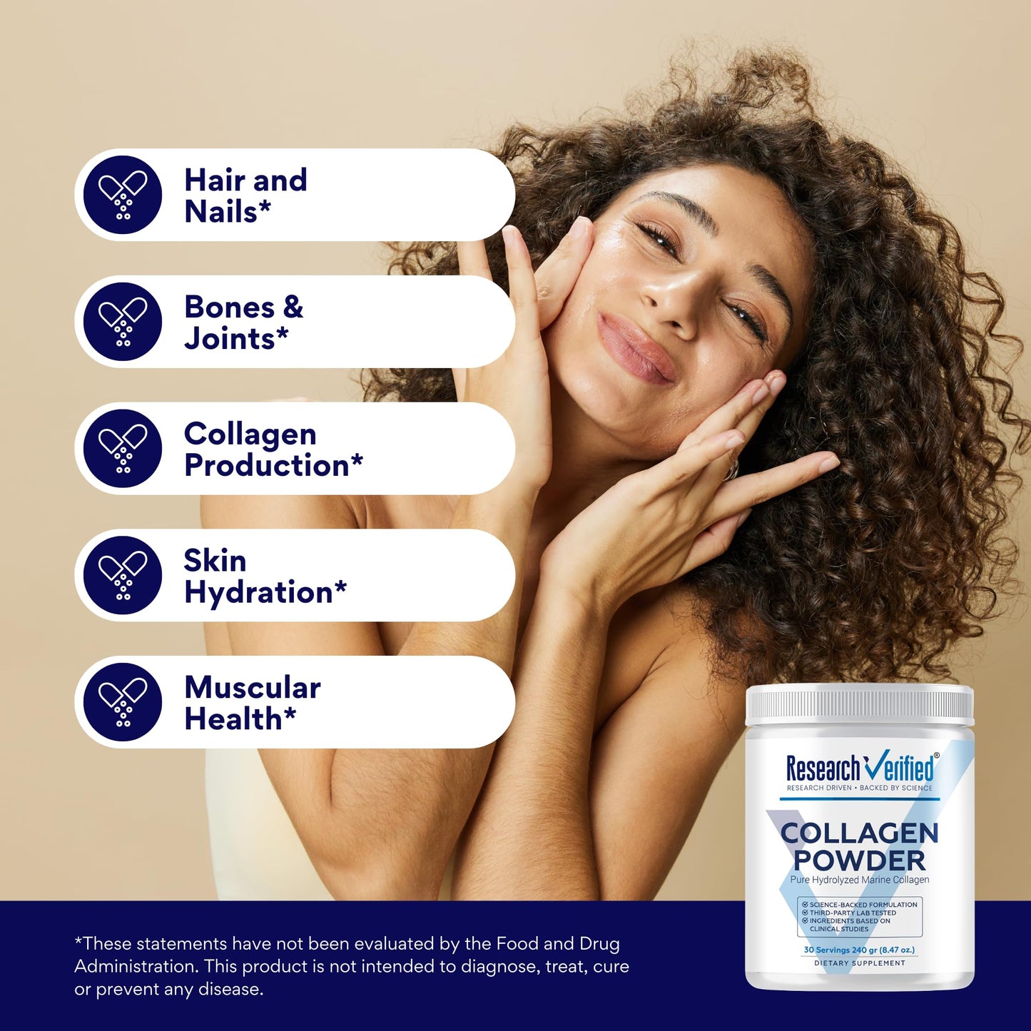 Research Verified Collagen Powder - Hydrolyzed Marine Collagen Peptides - Unflavored - Skin Hydration and Elasticity, Muscle Recovery, Non GMO, 8.47 Ounce