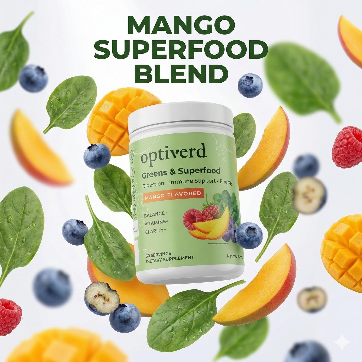 optiverd Greens Superfood Powder with Probiotics & Enzymes – Detox, Gut Health, Energy & Immune Support – Organic, Vegan, Gluten-Free – Mango Flavor, 27 Ounce