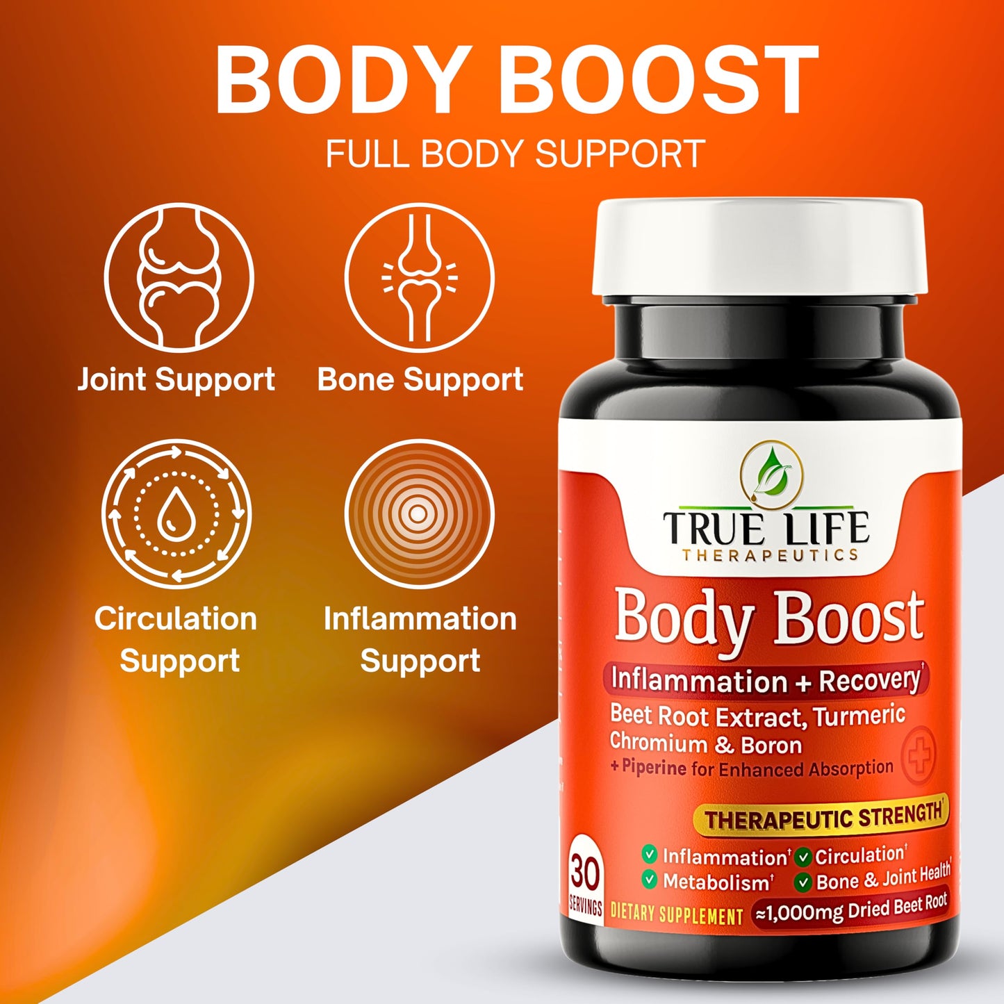 True Life Therapeutics Body Support Tablets Beet Root Extract, Turmeric, Boron & Chromium, 60 Tablets