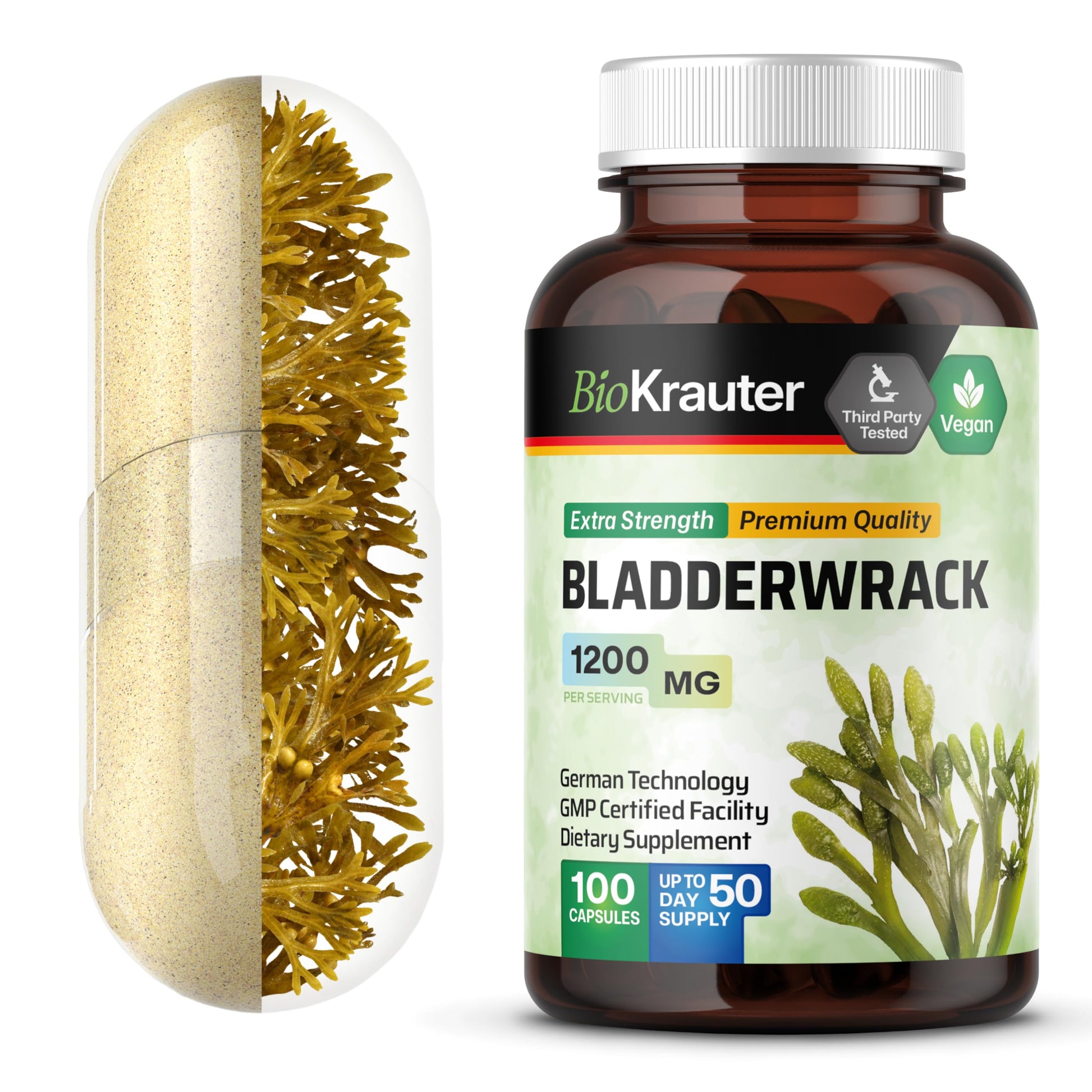BIO KRAUTER Bladderwrack for Thyroid Support Iodine Supplement 100 Capsules