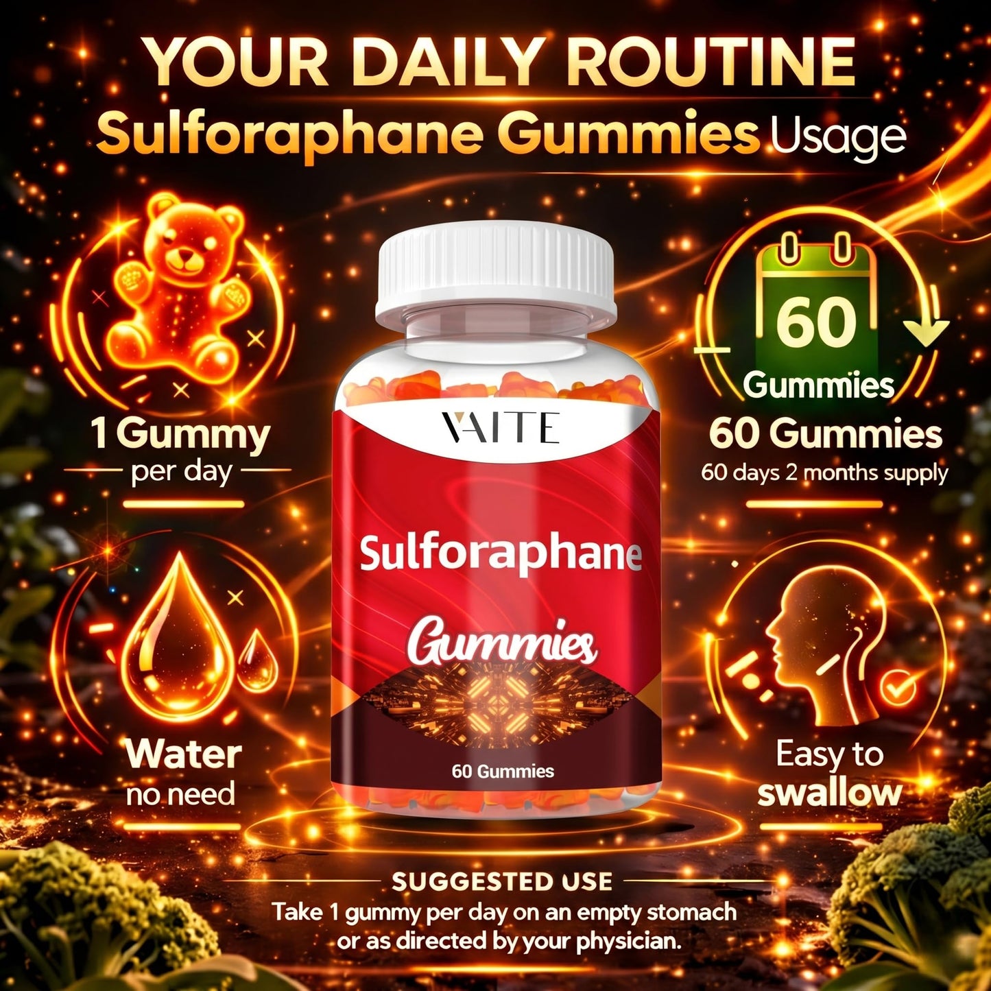VAITE Sulforaphane Glucosinolate Supplement 100mg – Broccoli Seed Extract, Gummies, 60 Count