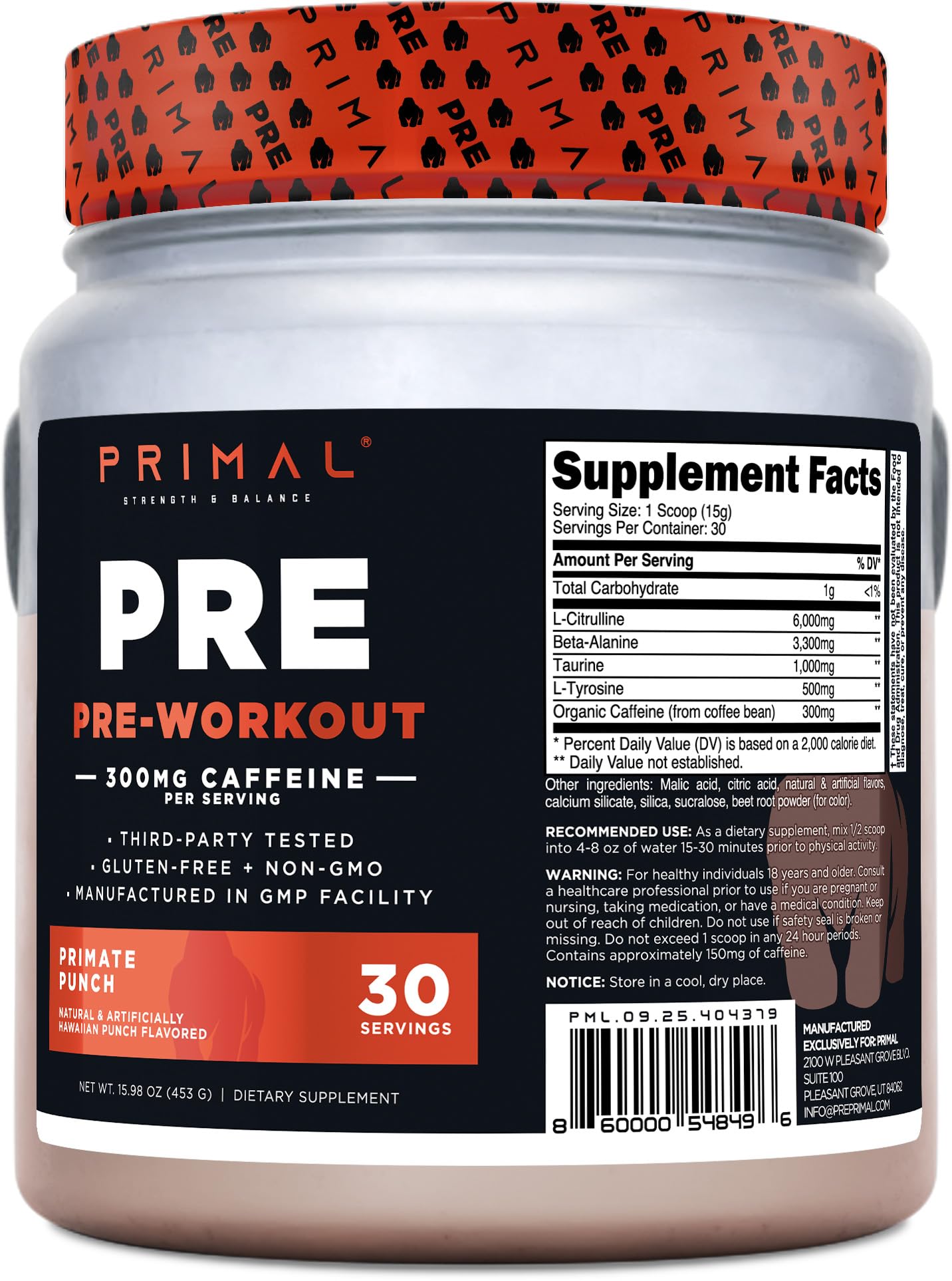Primal Pre-Workout Primate Punch Powder, 15.98 oz