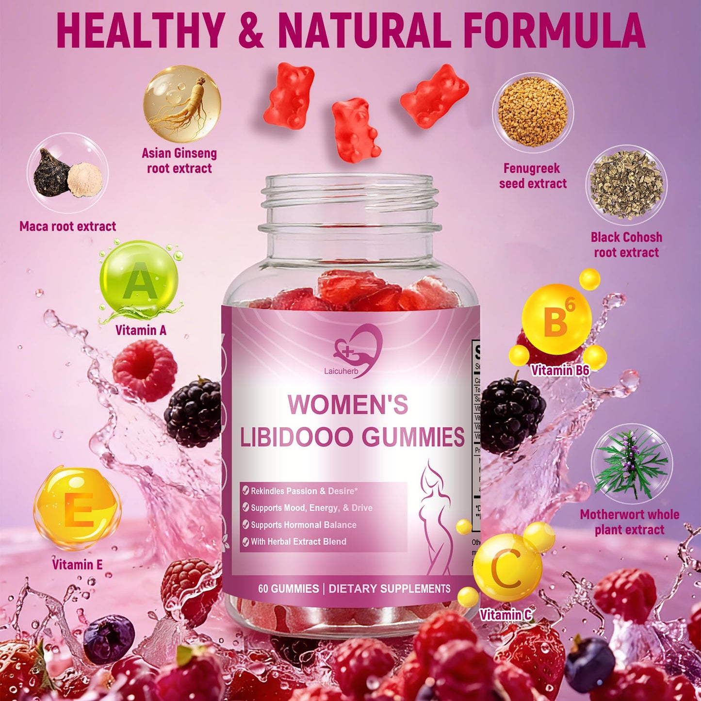 Laicuherb Libidoo Support for Women with Maca Root, Daily Wellness Formula for Confidence, Vitality & Emotional Balance, Intimacy Vitamins & Daily Sensual Wellness Gummy 60