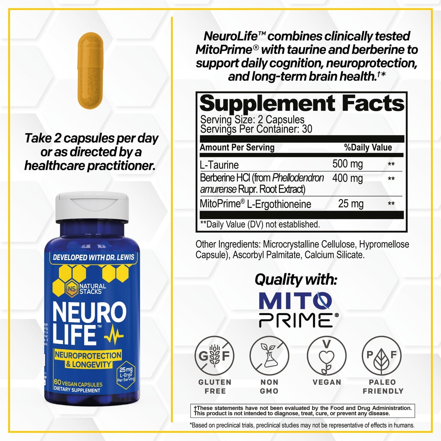 Natural Stacks NeuroLife Longevity Supplement With Taurine And Berberine Capsules, 60 Count
