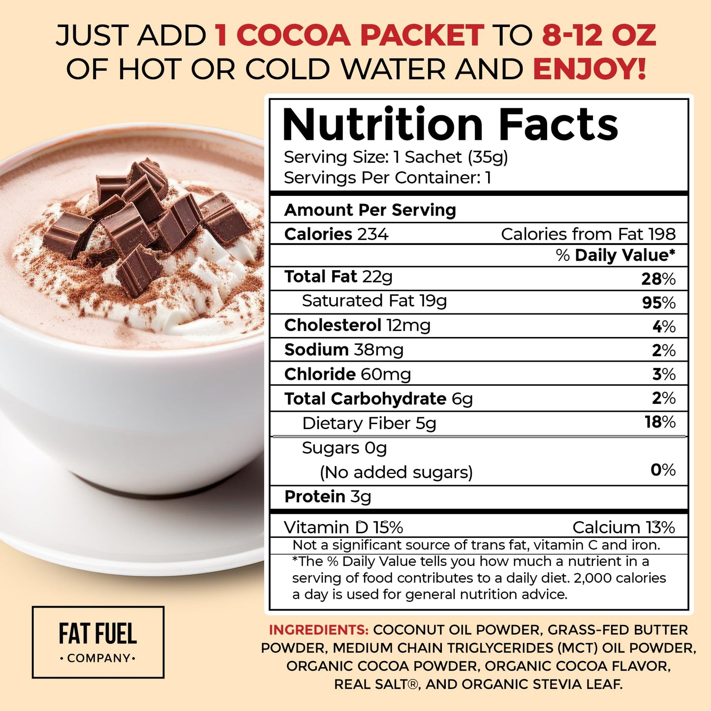 The Fat Fuel Company Keto Cocoa 22g Premium Fats Powder, 15 Servings