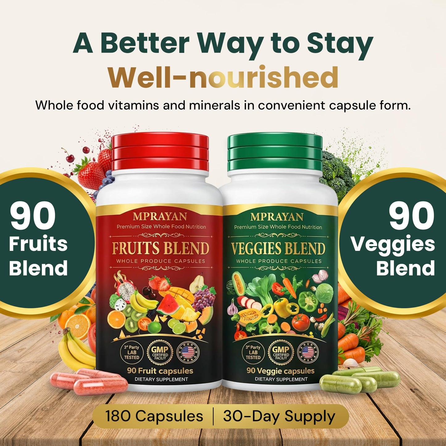MPRAYAN Fruits and Veggies Supplement for Daily Wellness Capsules, 180 Capsules
