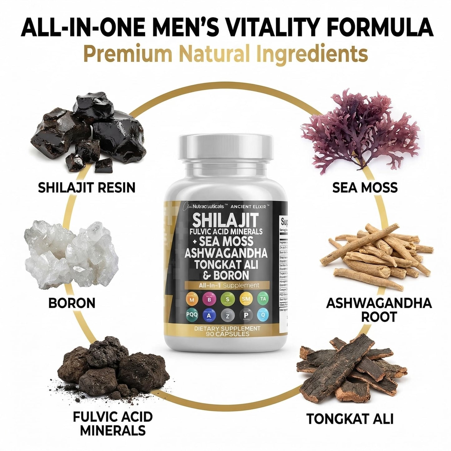 Clean Nutraceuticals Shilajit Supplement for Men with Sea Moss, Tongkat Ali, Ashwagandha, Boron, Zinc, CoQ10, PQQ - Fulvic Acid Capsules, 90 Count
