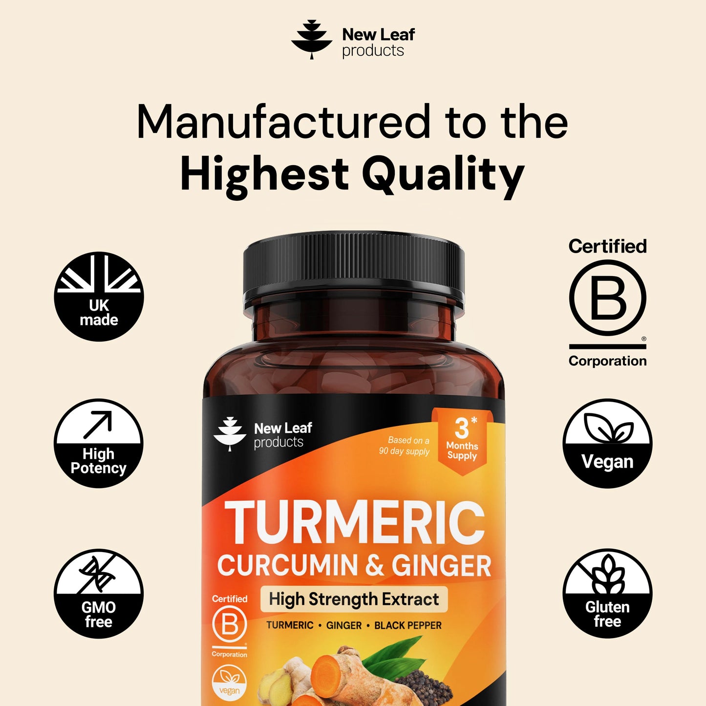 New Leaf Products Turmeric Tablets with Black Pepper & Ginger, Curcumin, 180 Tablets