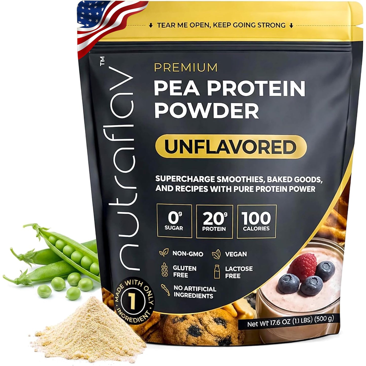 Nutraflav Unflavored Vegan Pea Protein Powder 17.6 oz