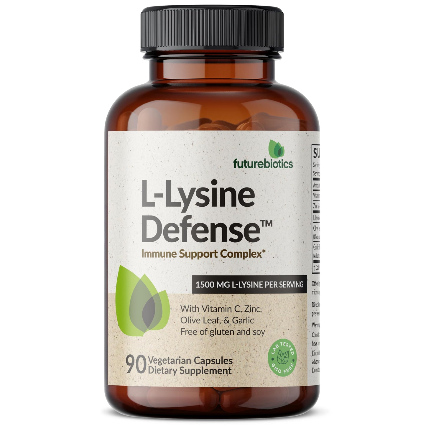 Futurebiotics L-Lysine Defense Immune Support Complex 1500 mg per Serving with Vitamin C, Zinc, Olive Leaf & Garlic Capsule, 90 Count