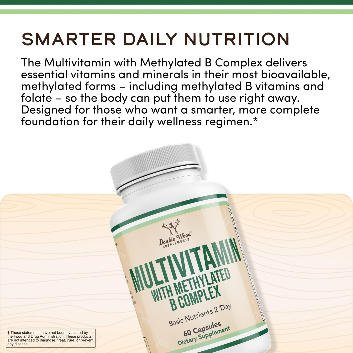 Double Wood Supplements Multivitamin with Methylated B Complex, 20-in-1 Formula, Comprehensive Daily Multi-Vitamin & Mineral Formula, 60 Capsules
