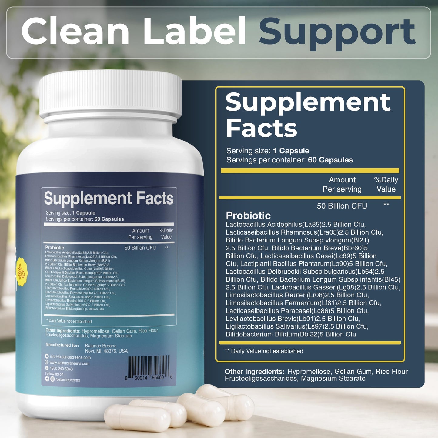 Balancebreens Probiotic Supplement 50 Billion CFU - 15 Strains, Capsules 120 Count