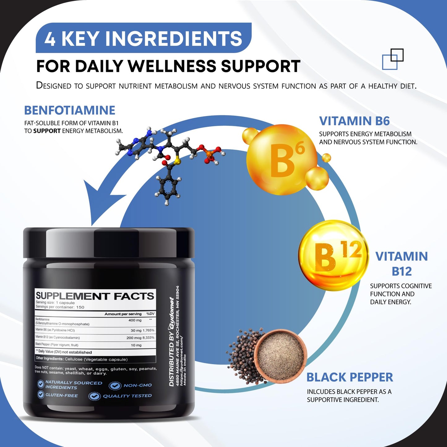 GUDOMET Benfotiamine with Vitamins B6, B12 & Black Pepper Capsules 150
