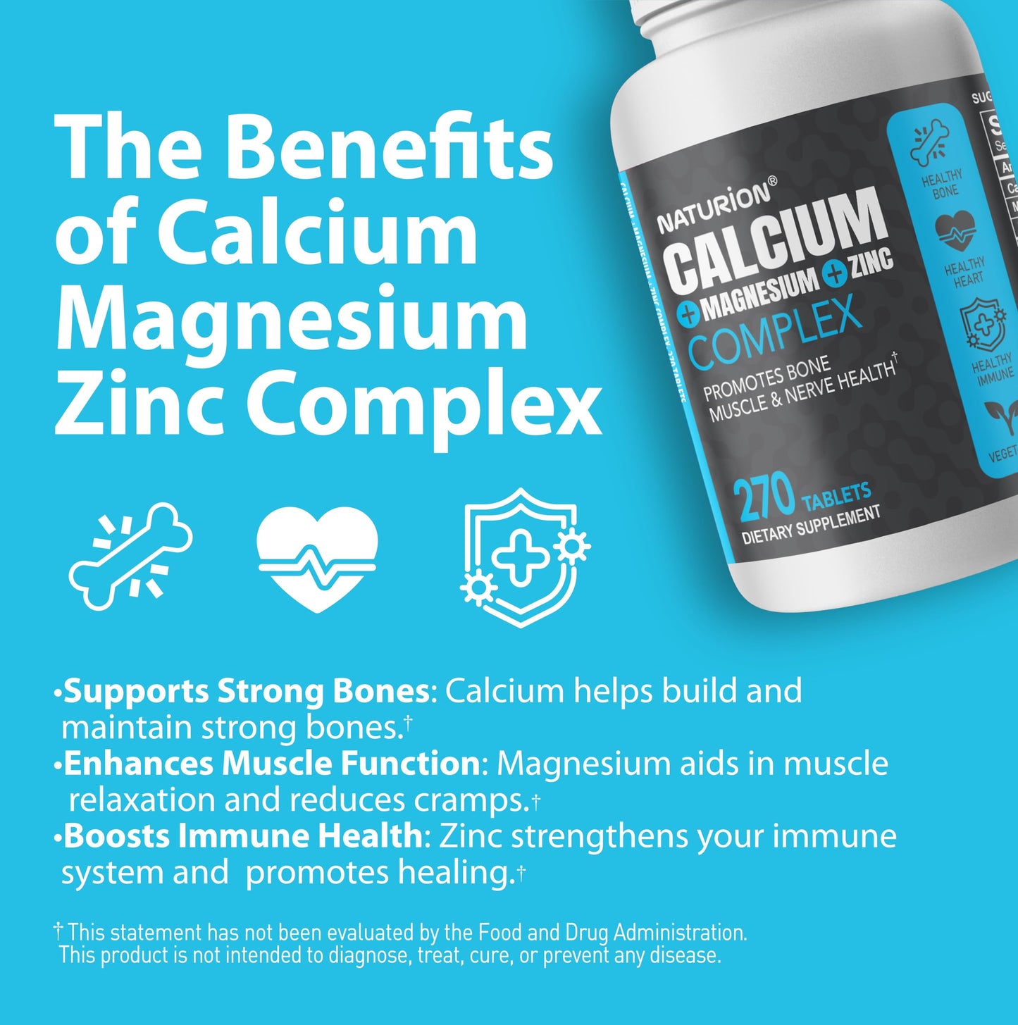 NATURION Calcium Magnesium Zinc Supplement - 3-in-1 Complex with 1000mg Calcium, 500mg Magnesium, 10mg Zinc - Bone, Muscle & Immune Support, Tablets, 270 Count