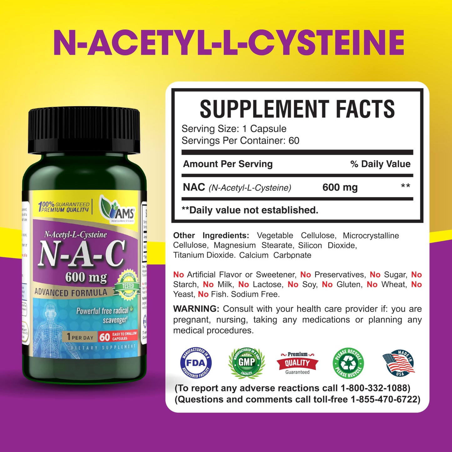 America Medic & Science NAC 600mg Capsules, 120 Count