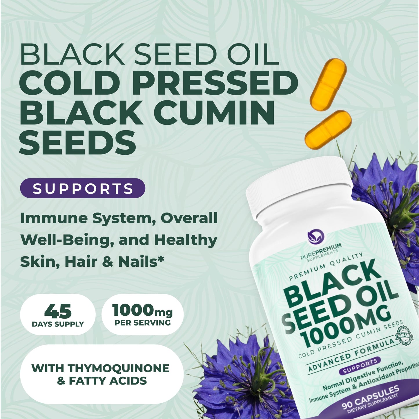 PurePremium Supplements Black Seed Oil 1000mg per Serving Capsule, 90 Capsules