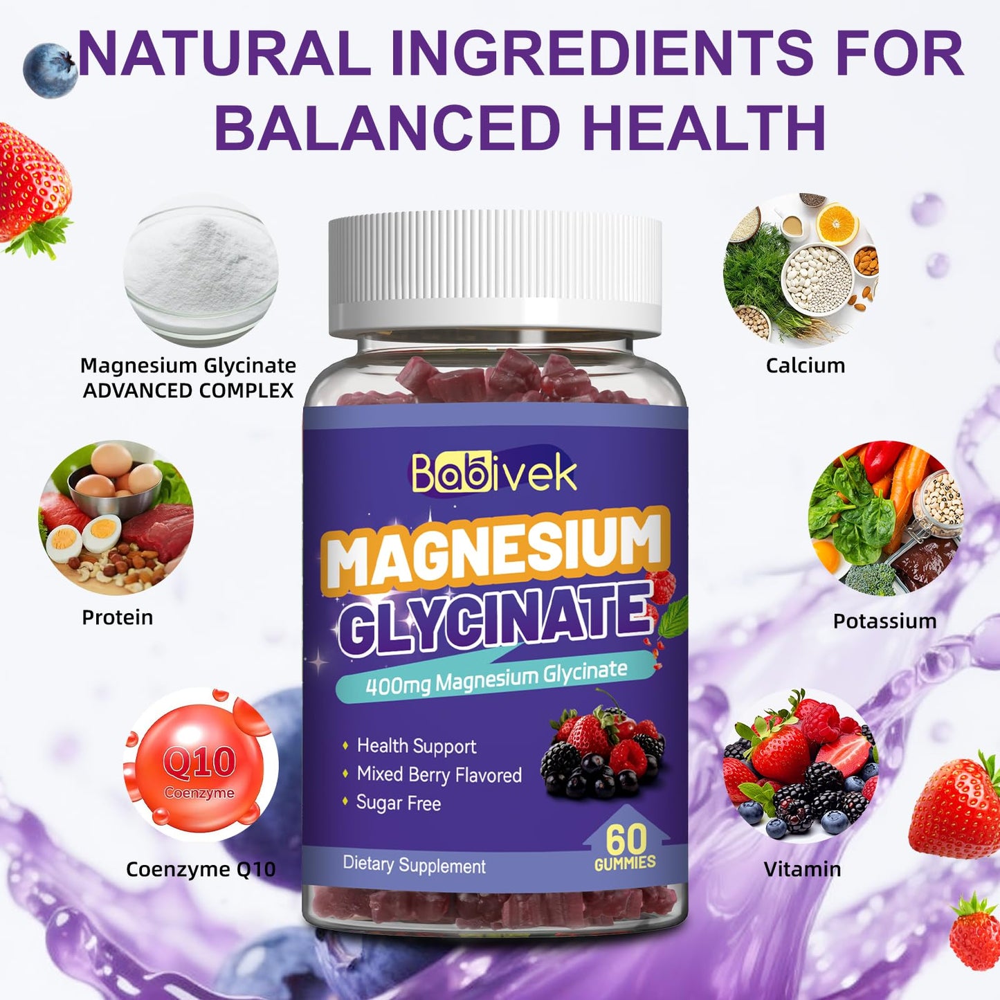 Babivek Magnesium Glycinate Gummies 400mg with L-Threonine 300mg, Vitamin D & B6, Sugar Free, Mixed Berry Flavor, Vegan, Non-GMO, Gluten Free, 120 Gummies