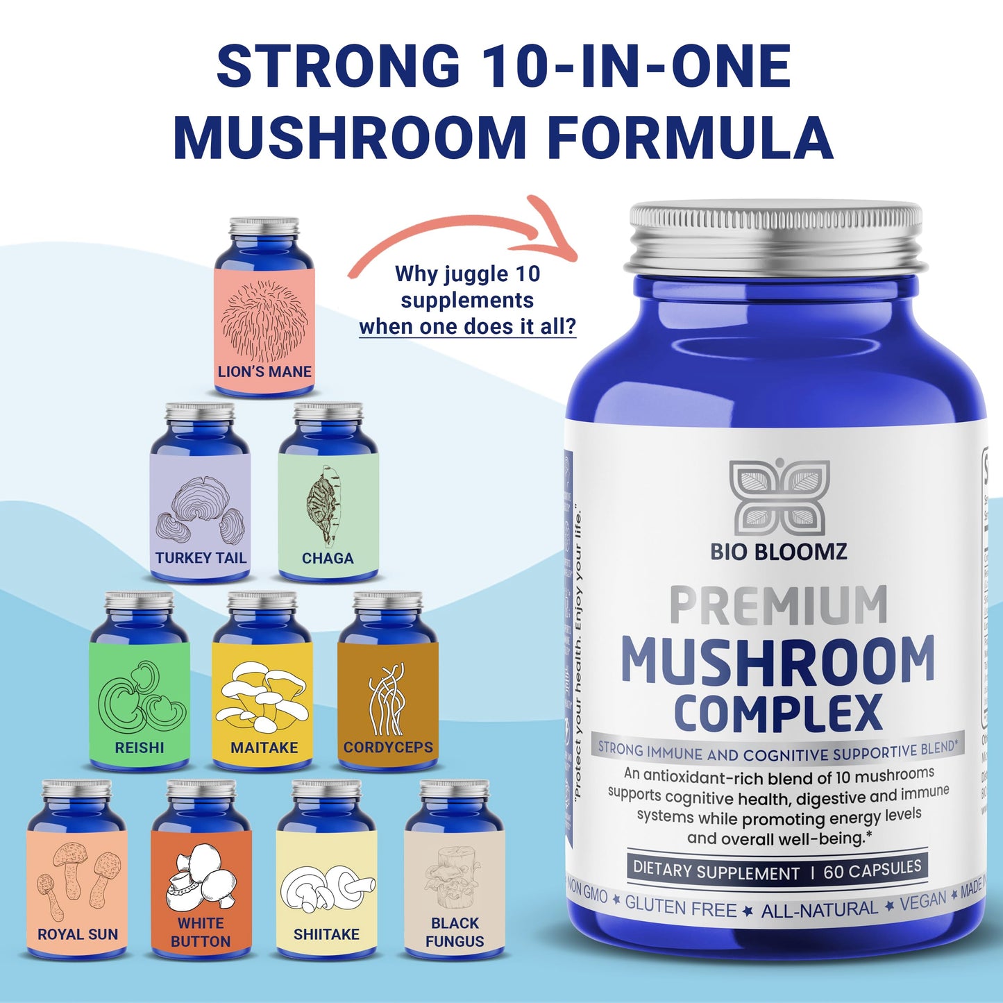 BIO Bloomz Premium Mushroom Complex Capsules, 60 Count