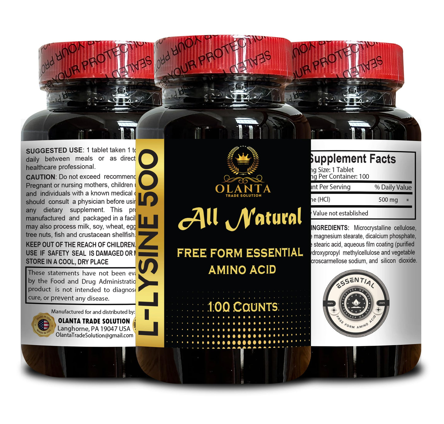 OLANTA TRADE SOLUTION L-Lysine 500 mg Essential Amino Acid Capsule, 100 Count