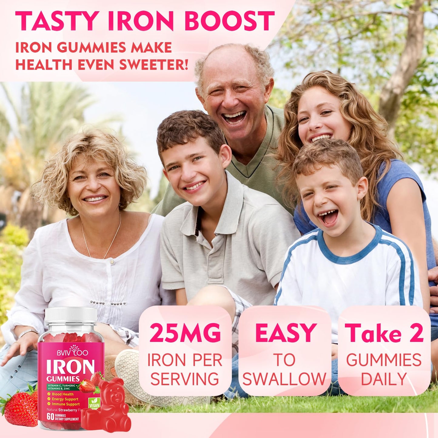 BVIVLOO Vegan Iron Gummies for Adults & Kids with Vitamin C, A, B-Complex, Folate, Zinc, and Biotin, Blood Building & Energy Support, 60 Gummies