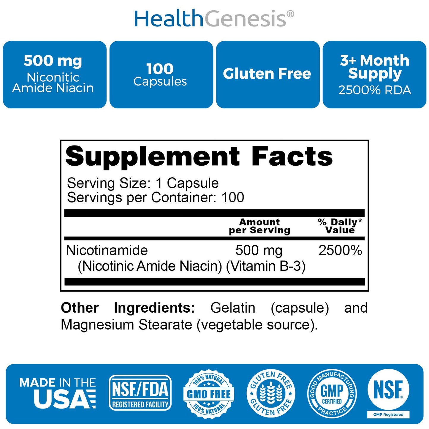 Health Genesis Vitamin B3 Nicotinamide 500 mg Capsules, 100 Count