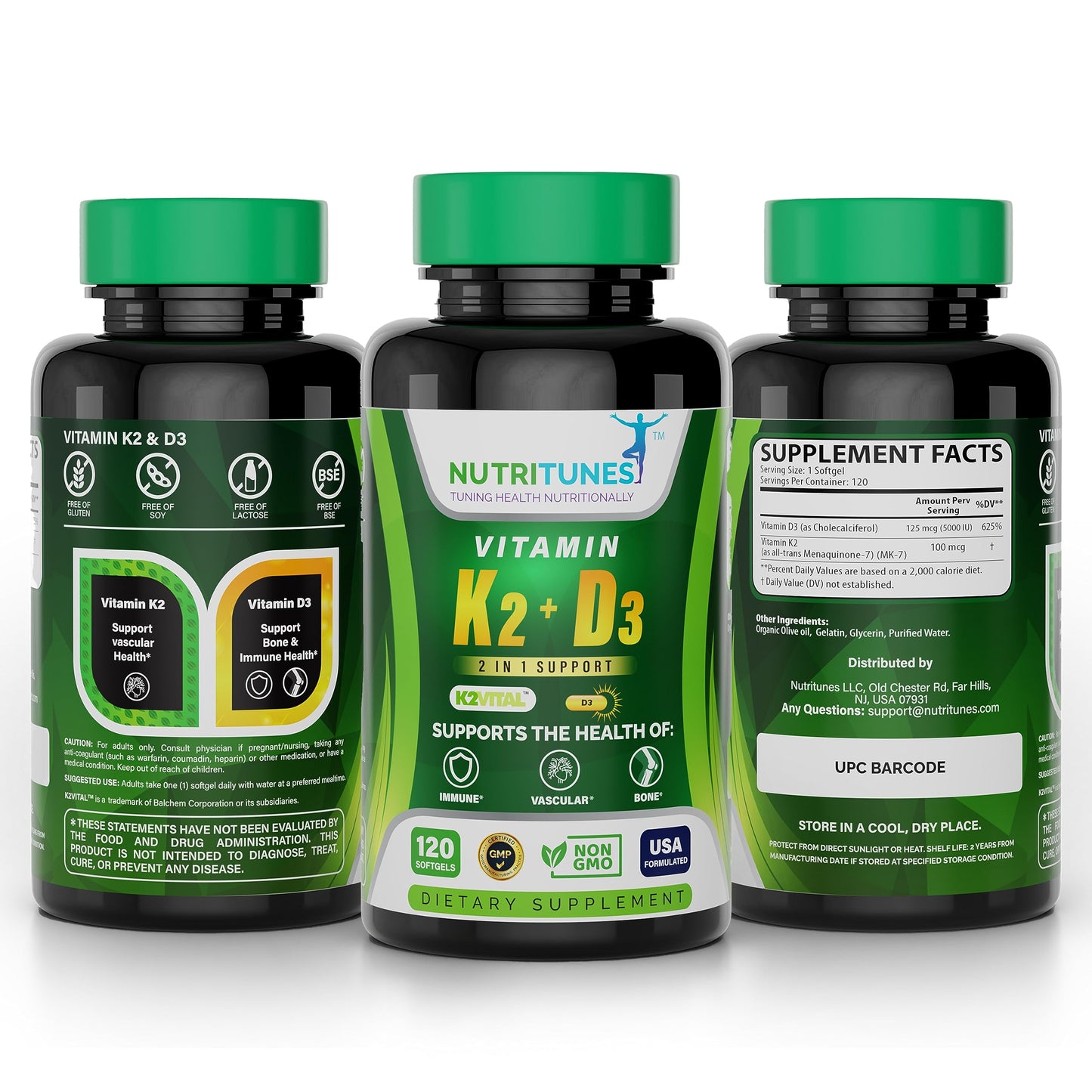 Nutritunes Vitamin D3 K2 5000 IU D3 & 100 mcg K2 MK-7 Softgels 120
