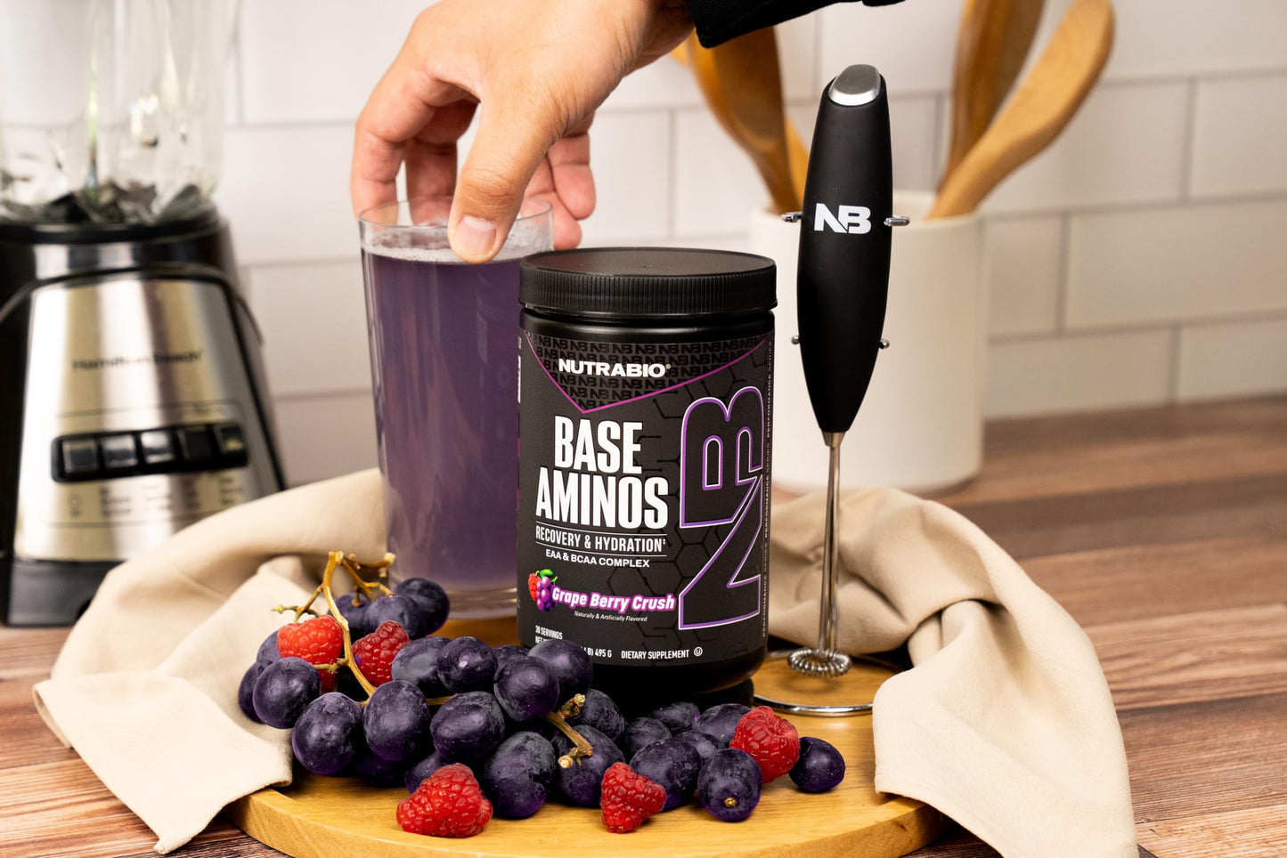 NutraBio Base Aminos EAA + BCAA Powder – 10g Essential Amino Acids Supplement, 6g 2:1:1 BCAAs, 2.8g Hydration Matrix with Electrolytes & Absorption Enhancer AstraGin®, Grape Berry Crush, 17.4