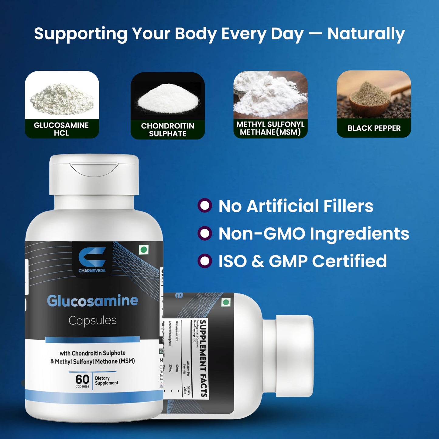 CHARMSVEDA Glucosamine with Chondroitin Sulfate, MSM & Black Pepper Extract Capsules, 60 Count