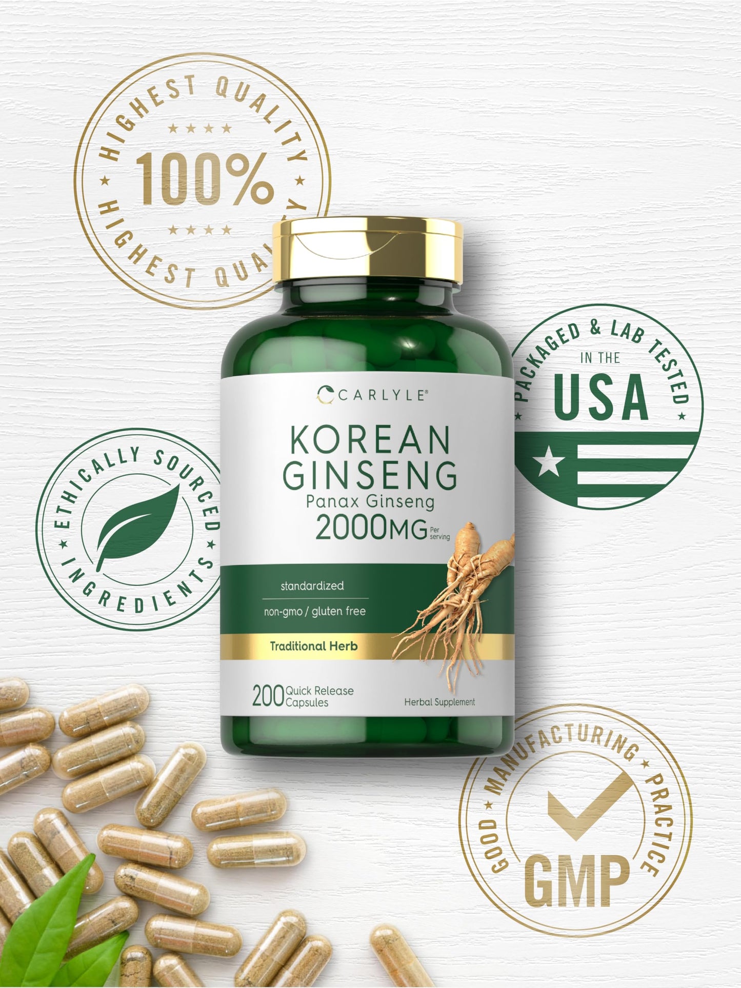 Carlyle Korean Ginseng Capsules, 200 Count