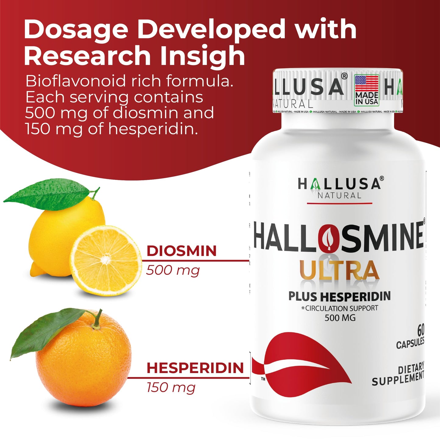 Hallusa Natural Hallosmine Ultra Diosmin 500mg & Hesperidin 150mg Capsules, 120 Count