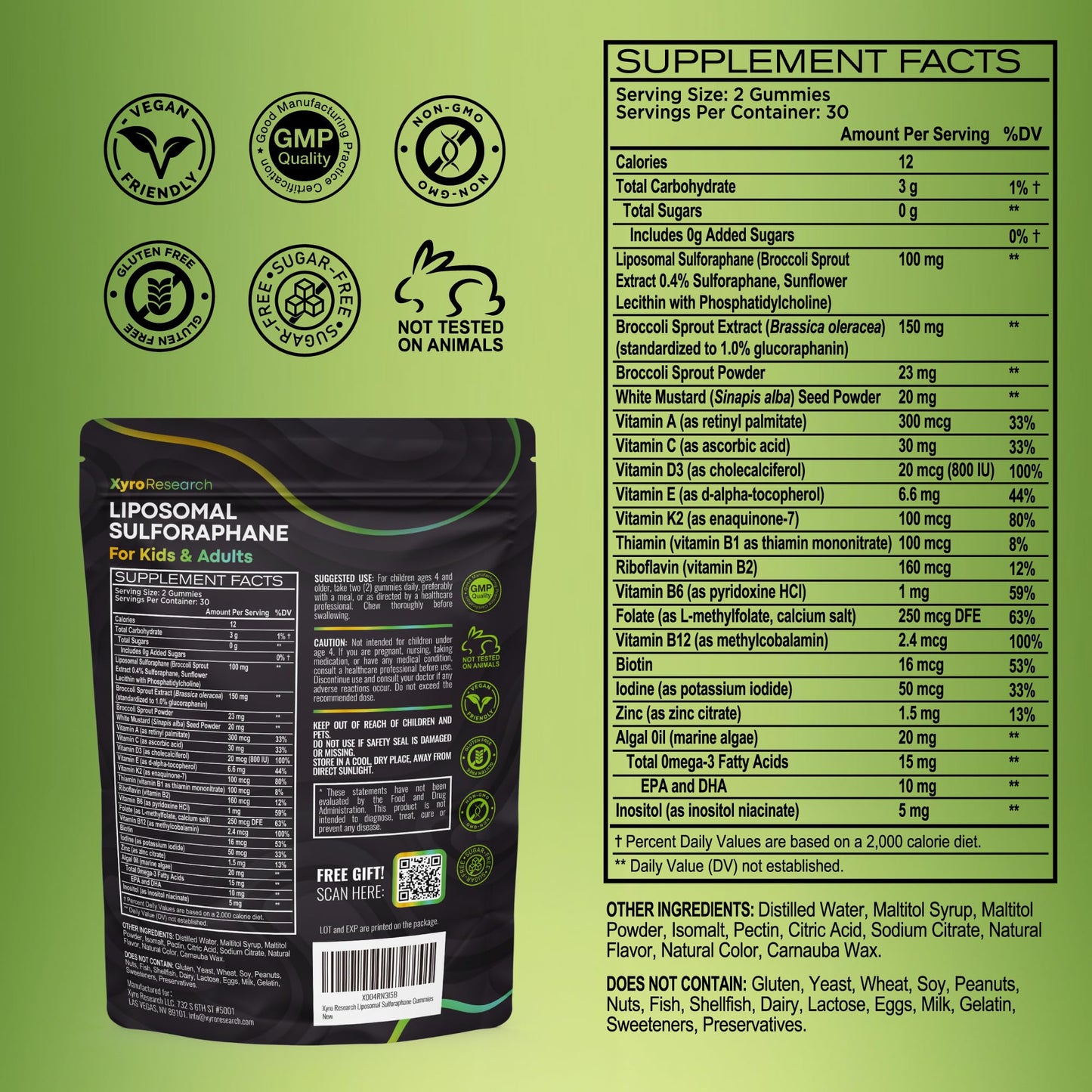 Xyro Research Liposomal Sulforaphane Gummies - 150mg Broccoli Sprout Extract with Vitamins for Kids & Adults - Antioxidant Cellular Health & Liver Detox Support - Non-GMO, Vegan, Sugar-Free, 60 Gummies