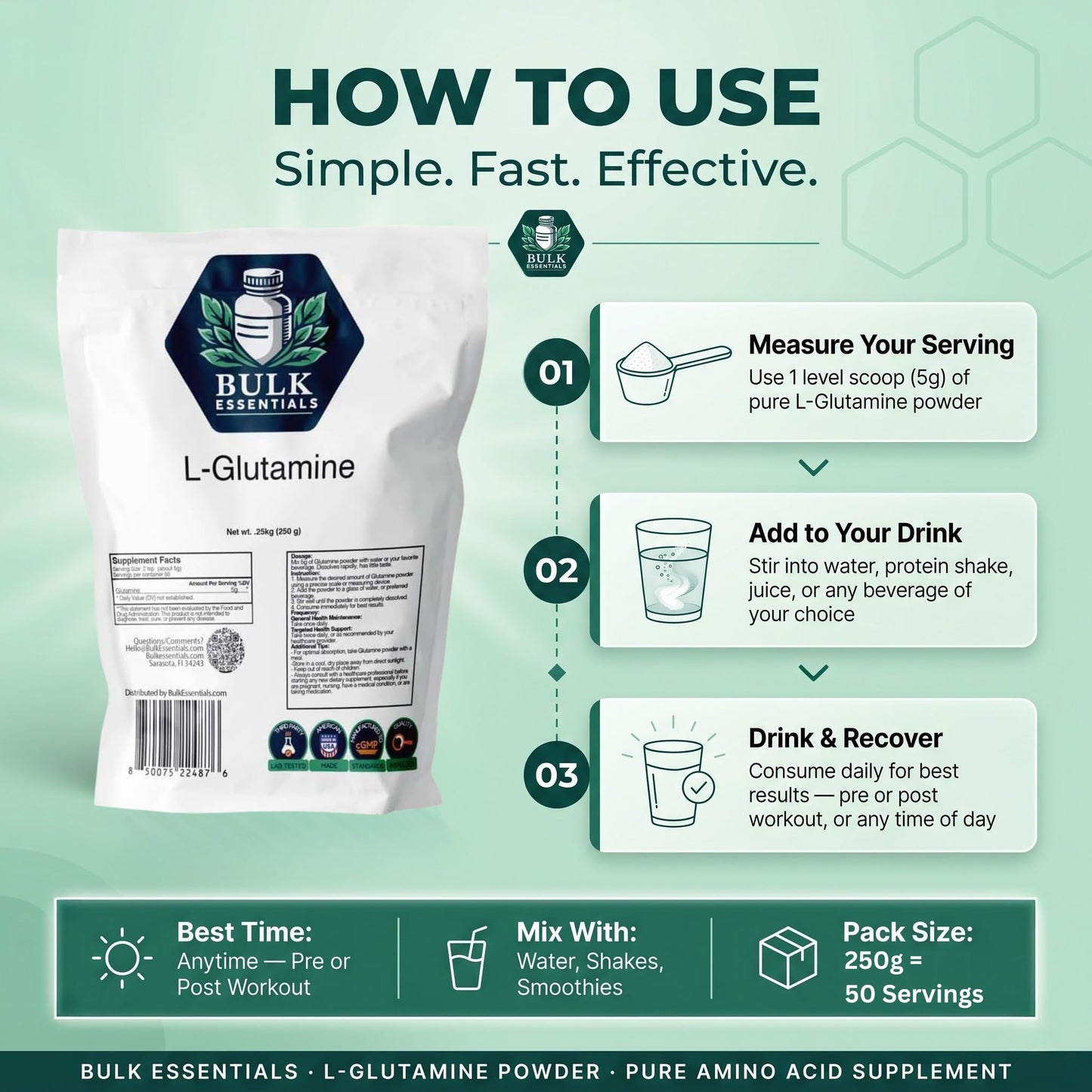 Bulk Essentials L-Glutamine Powder Supplement 8.81 Ounce