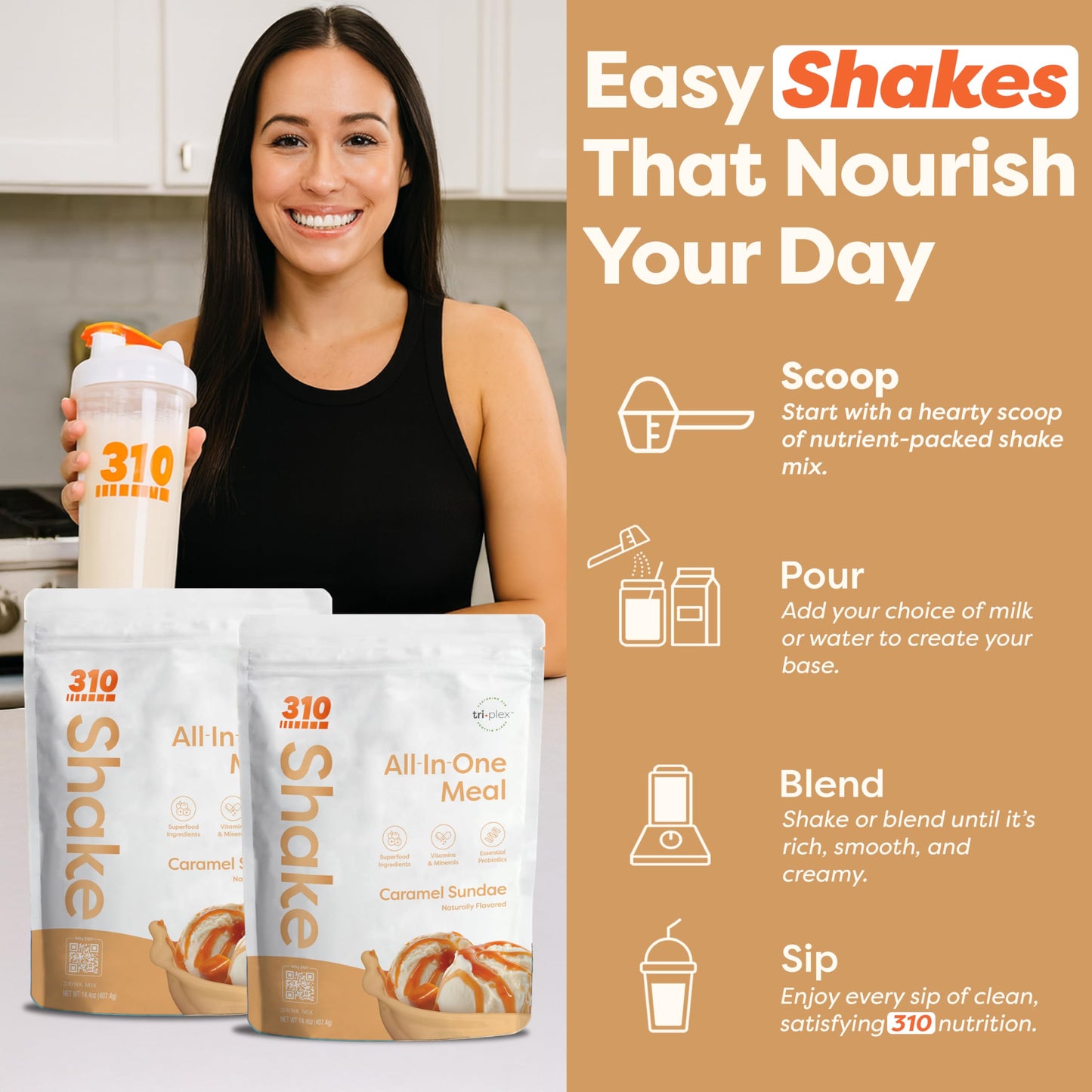 310 Nutrition All-In-One Meal Replacement Shake Caramel Sundae Powder, 28