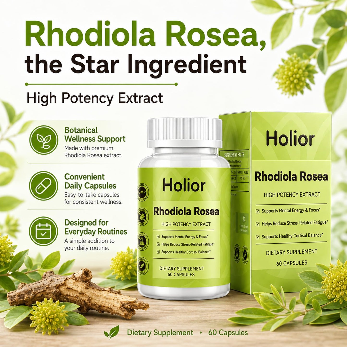 Ceduce Holior Rhodiola Rosea Supplement with Salidroside Capsule 60 Count
