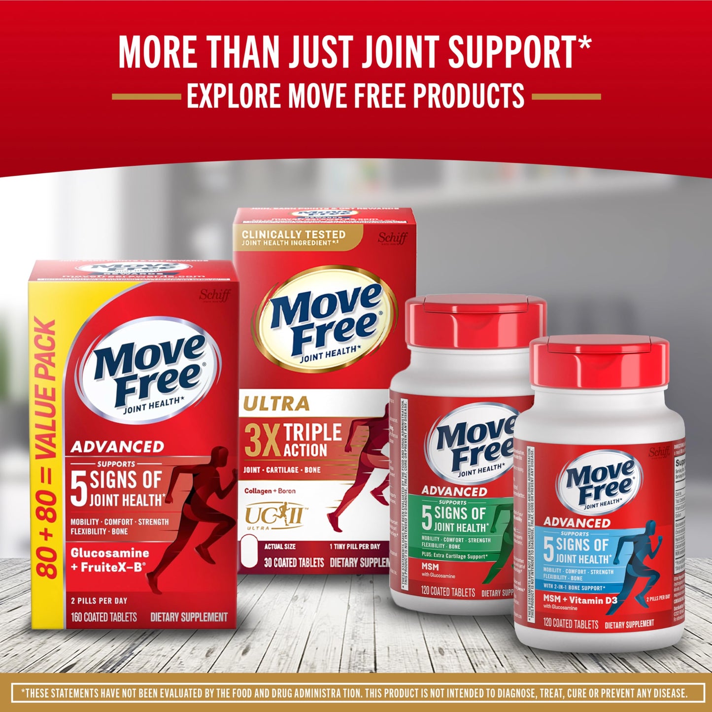 Move Free Ultra Pro with Quadruple Action Joint Support Type 2 Collagen, MSM, Calcium Fructoborate & Manganese, Supports Joint Cartilage, Bone & Connective Tissue, 120 Tablets