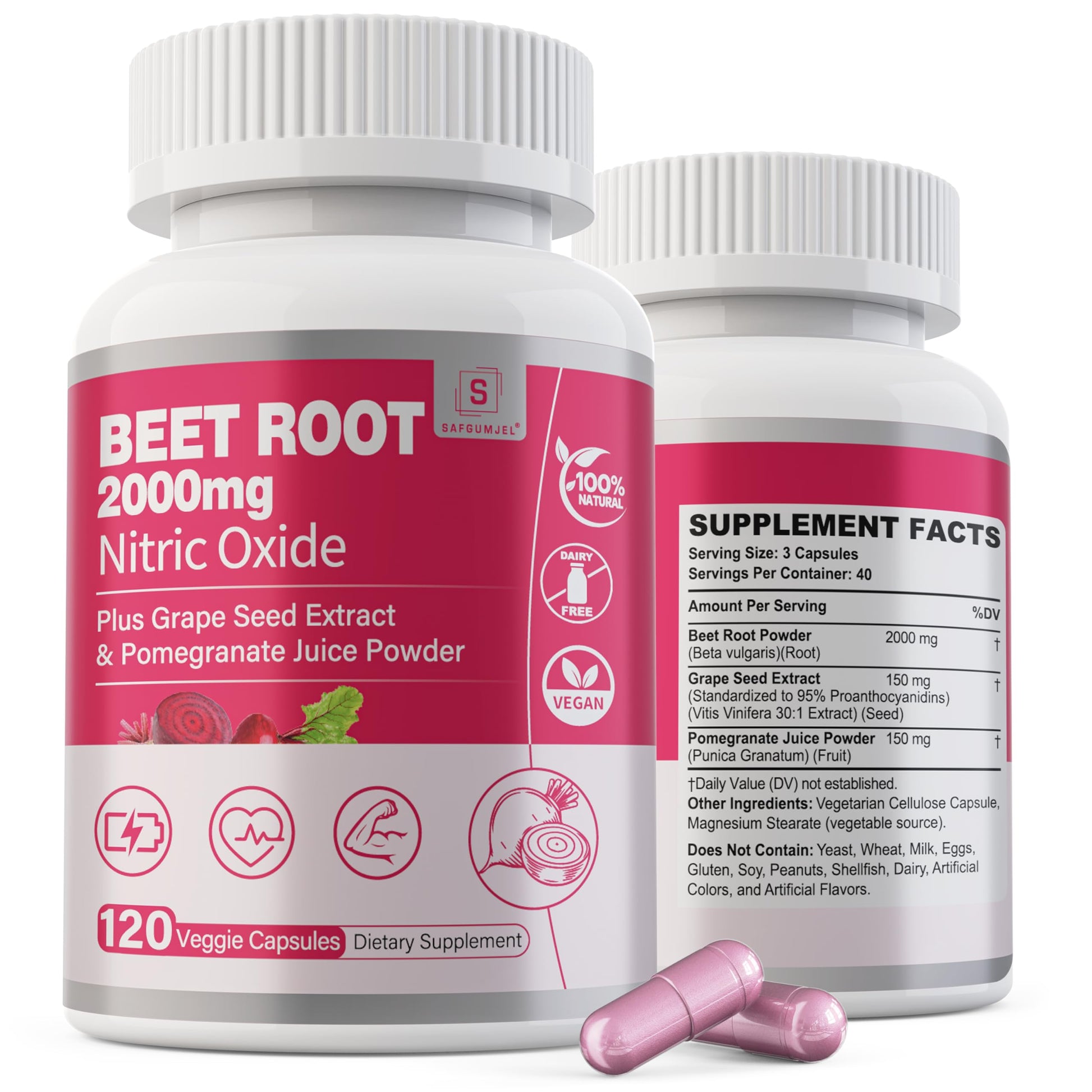 Safgumjel Beet Root Capsules 2000mg Nitric Oxide Supplement with Grape Seed Extract and Pomegranate Extract, Non-GMO, 240 Capsules