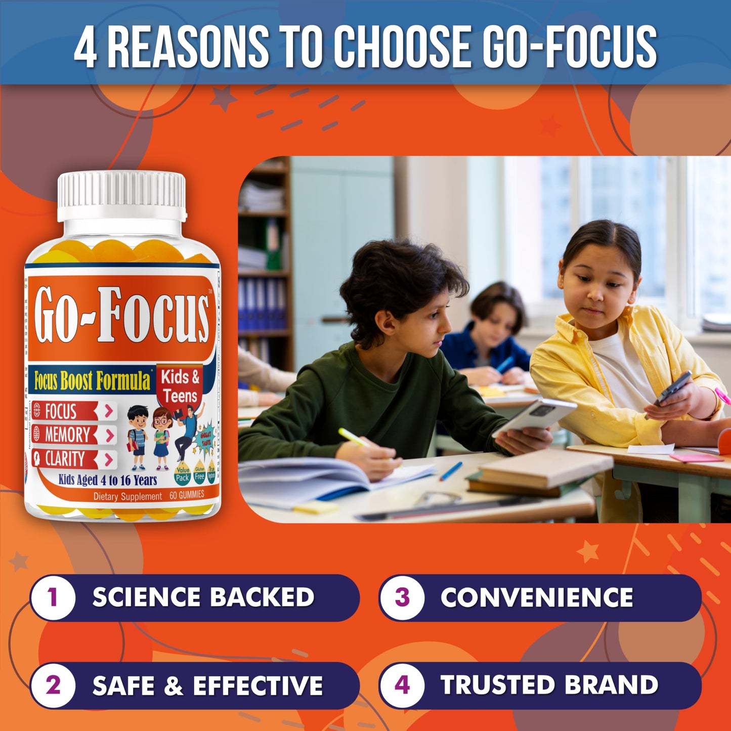 BrightKids Brain Supplements for Memory and Focus for Kids & Teens, Omega-3 & DHA Gummies, 60 Gummies