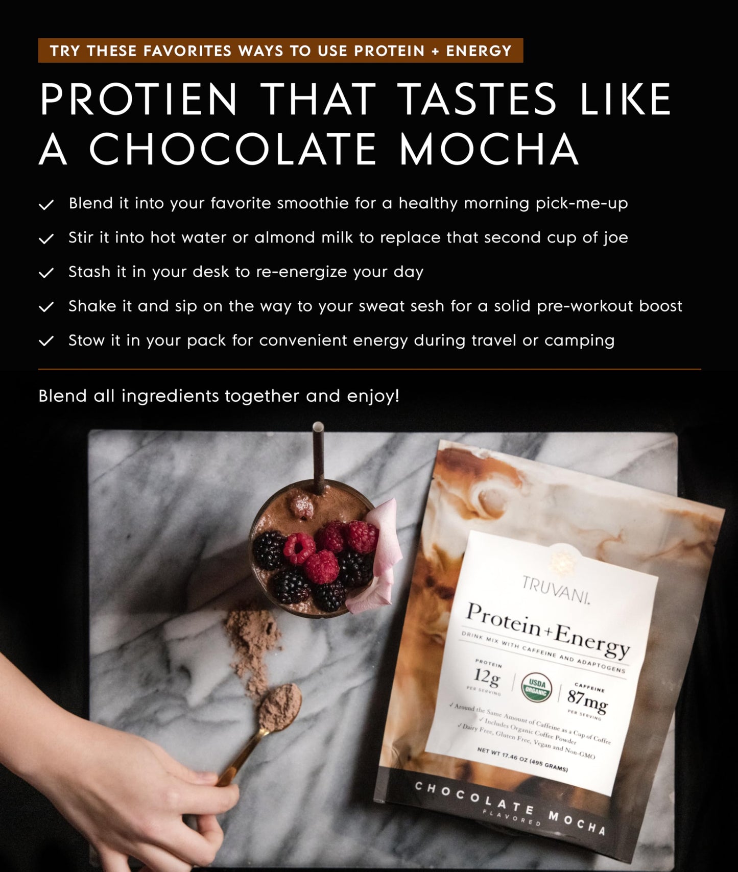 Truvani Protein + Energy Chocolate Mocha Powder, 20 Servings
