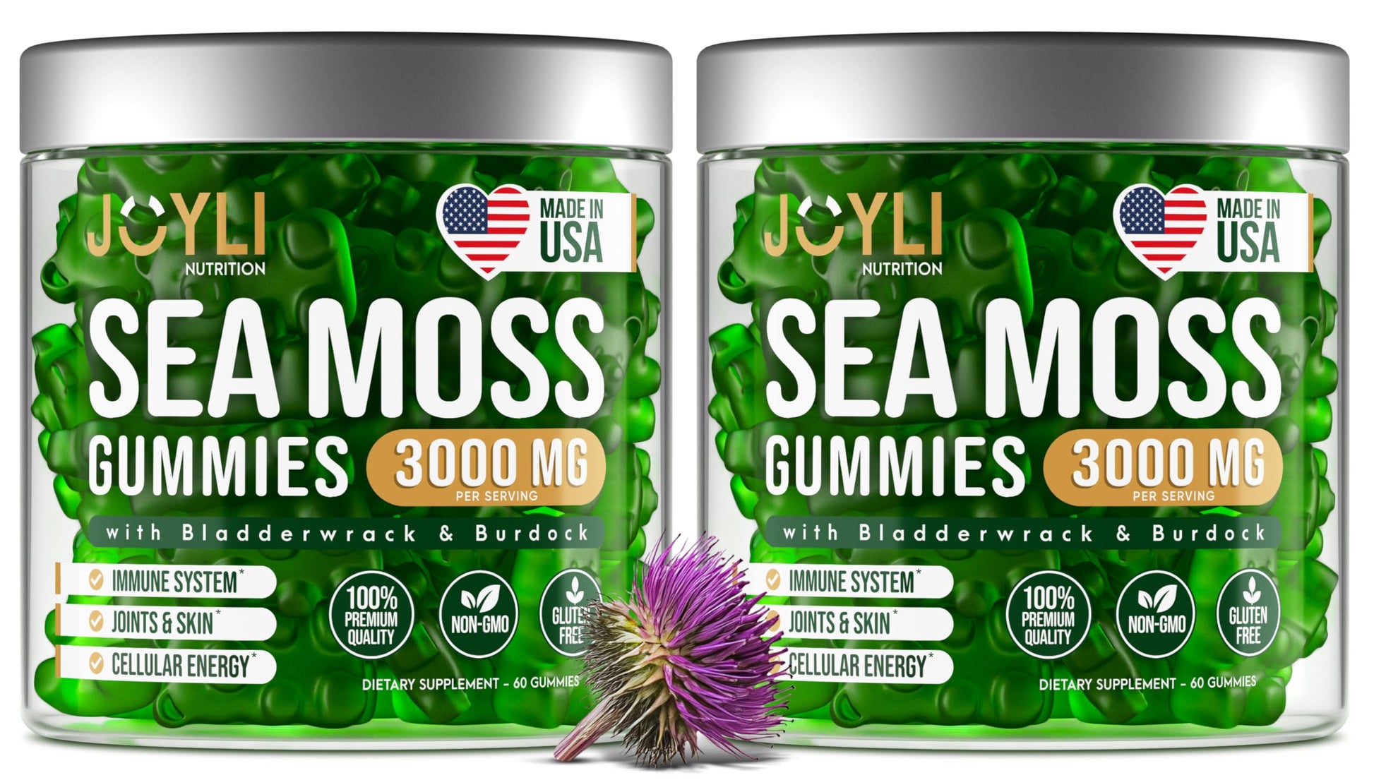 JOYLI Nutrition Sea Moss Gummies with Bladderwrack & Burdock Root – Vegan Irish Sea Moss Supplement, Sugar-Free, 120 Gummies