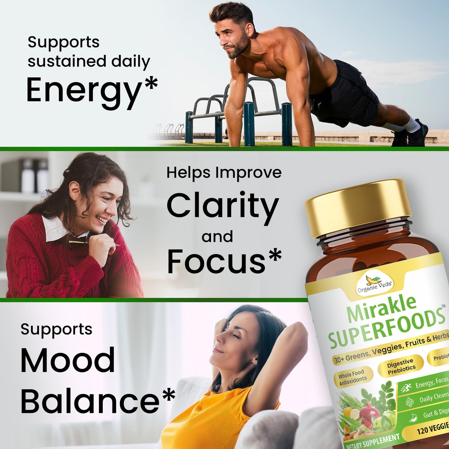 Organic Veda Mirakle Superfoods Greens Capsules - 120 Count